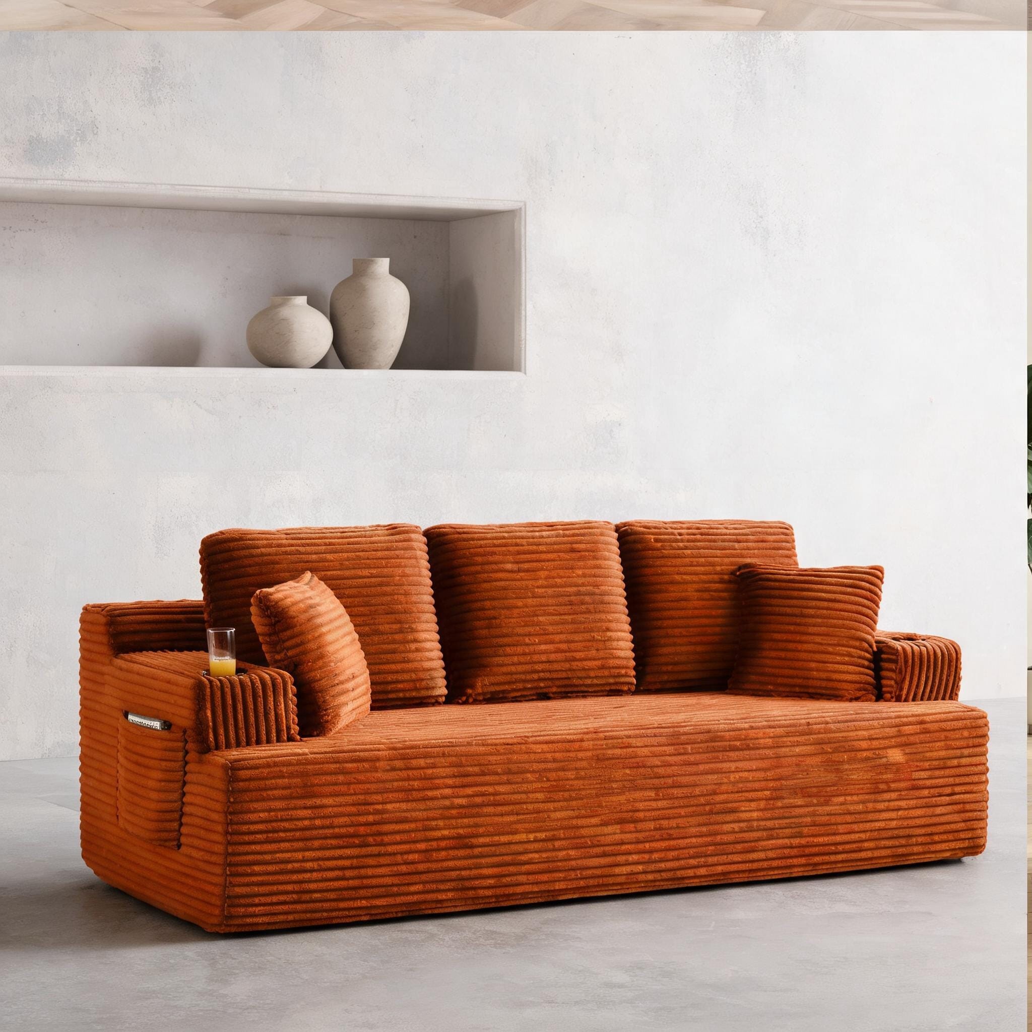 SUNCREAT Classic Orange Corduroy 5-Seater Floor Sofa with Storage for ...