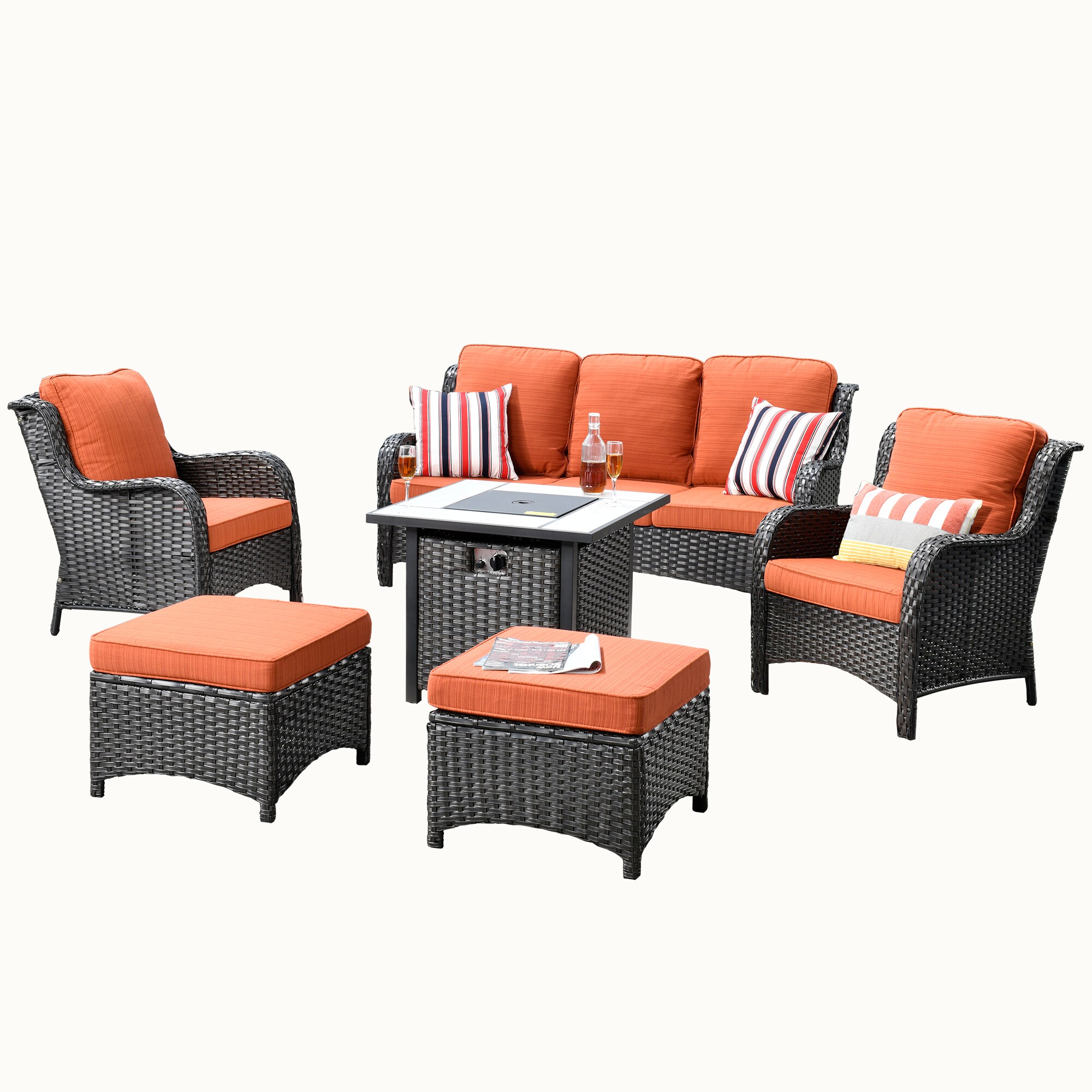 XIZZI Vesta 6-Piece Wicker Patio Conversation Set with Orange Cushions in the Patio Conversation 