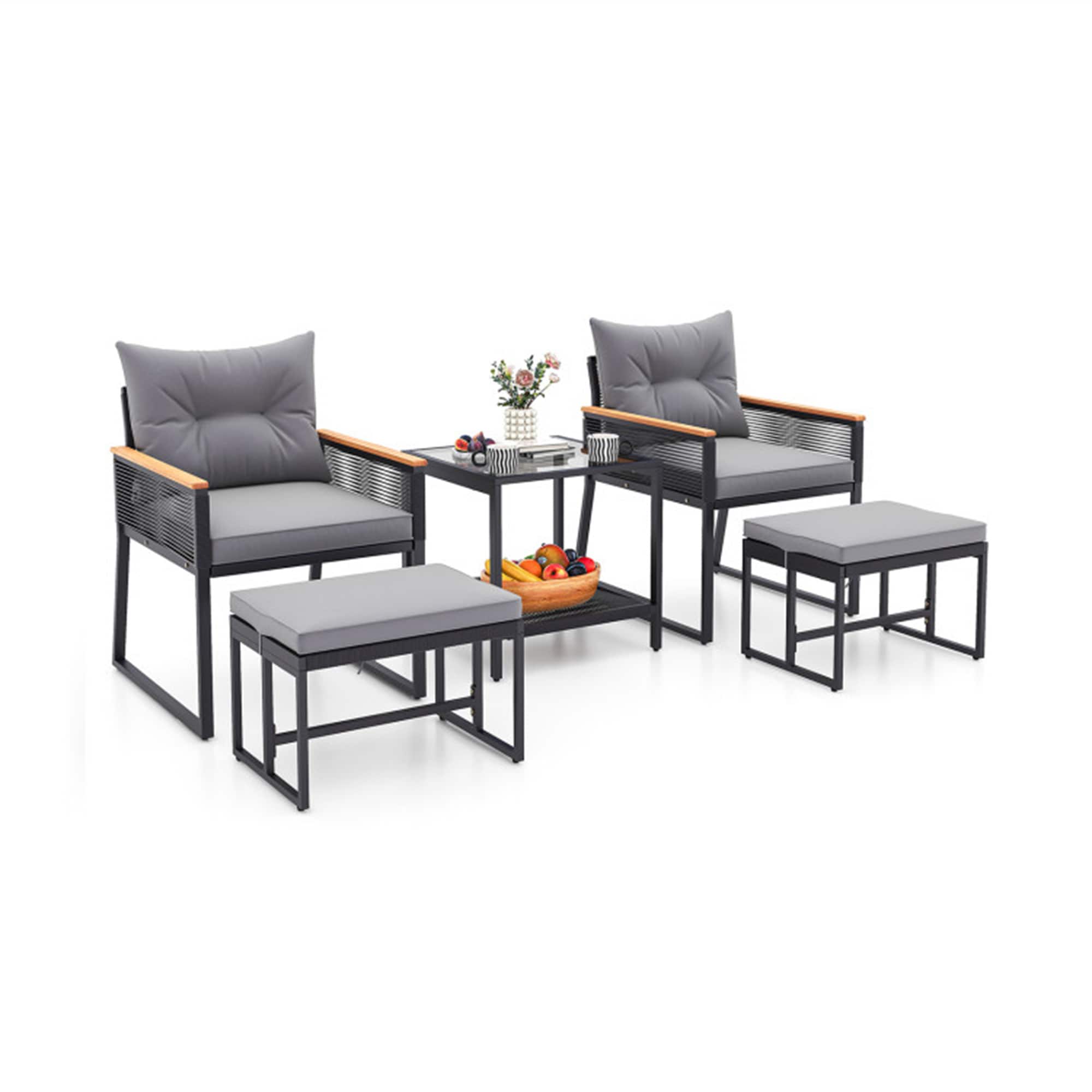 BABOOM BOM-0354GR-CO Patio Conversation Sets 5 -Piece Rattan Patio Conversation Set with Gray Cushions