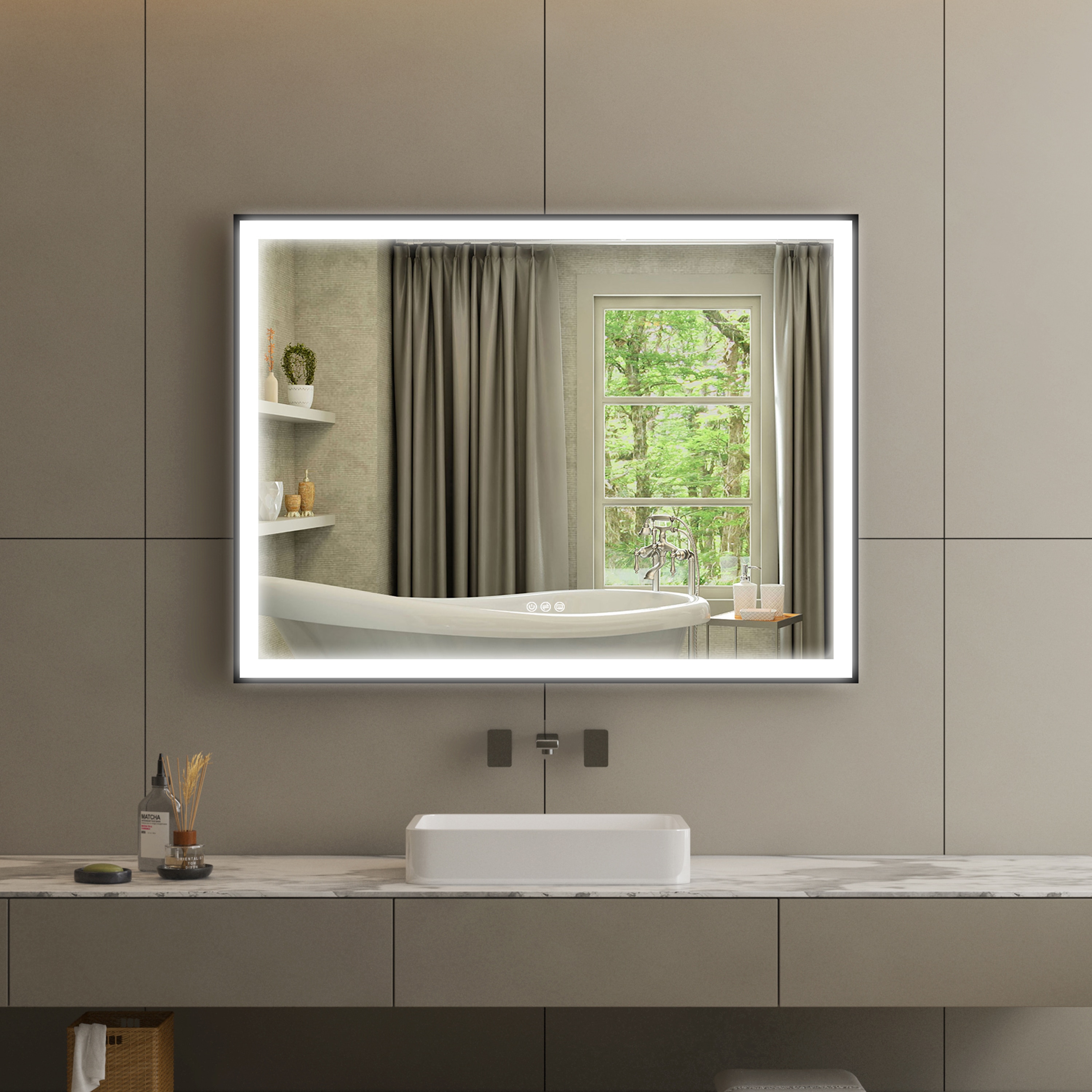 Forclover FLW-ER4836B 48-in x 36-in Framed Rectangle Dimmable Lighted Fog Free Bathroom Vanity Mirror ( Matte Black )