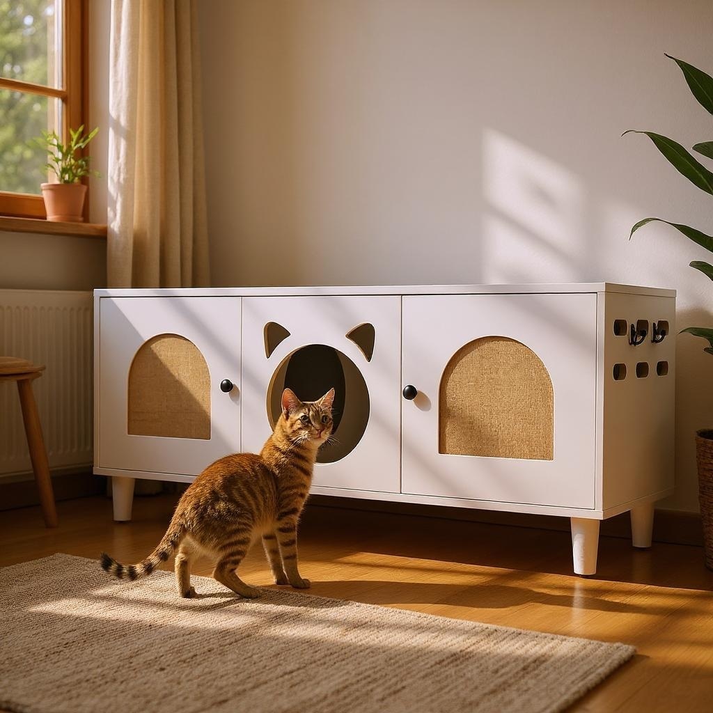 ModernLuxe L3P-N843P252373C Modern Wood Cat Cabinet with Sisal Cat Scratcher Cat Litter Box Enclosure with Storage Cream white Side Table