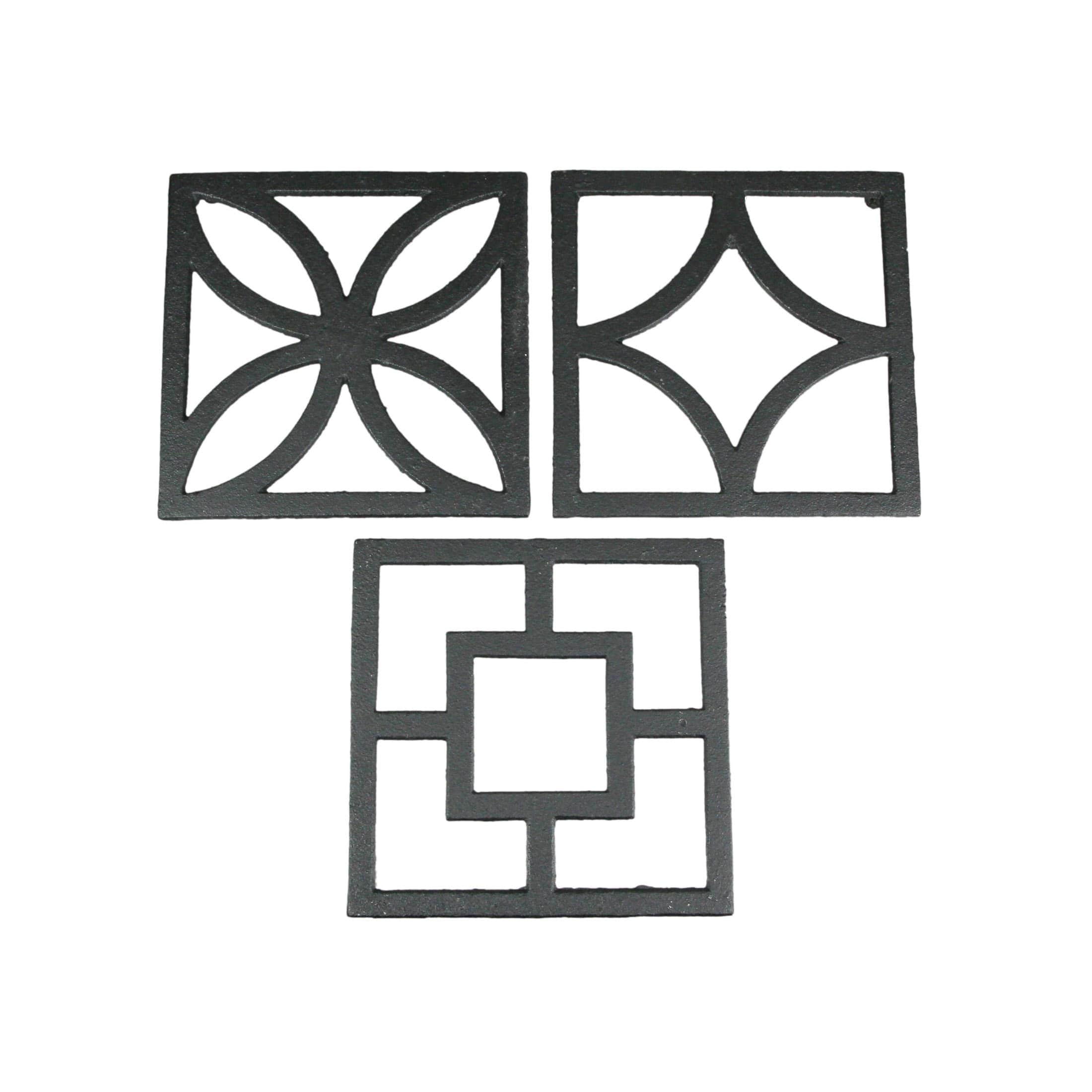 Zeckos ZKO-99136 Set of 3 Black Cast Iron Mid Century Modern Breeze Block Trivets: Stylish Kitchen Counter Accents and Wall Art- Each 7.75 Inches Square- Perfect for MCM Decor