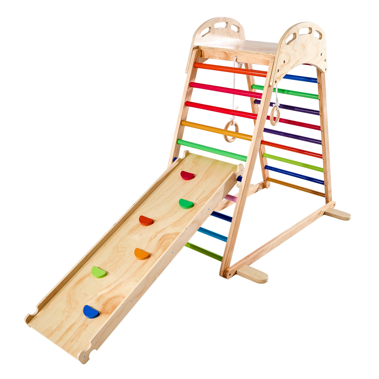 GIVIMO 4-in-1 Wooden Indoor Playground Jungle Gym with Climbing Rock Slide Ladder and Gym Rings Montessori Style Climbing Toys for Toddlers and Kids 220-lb Capacity