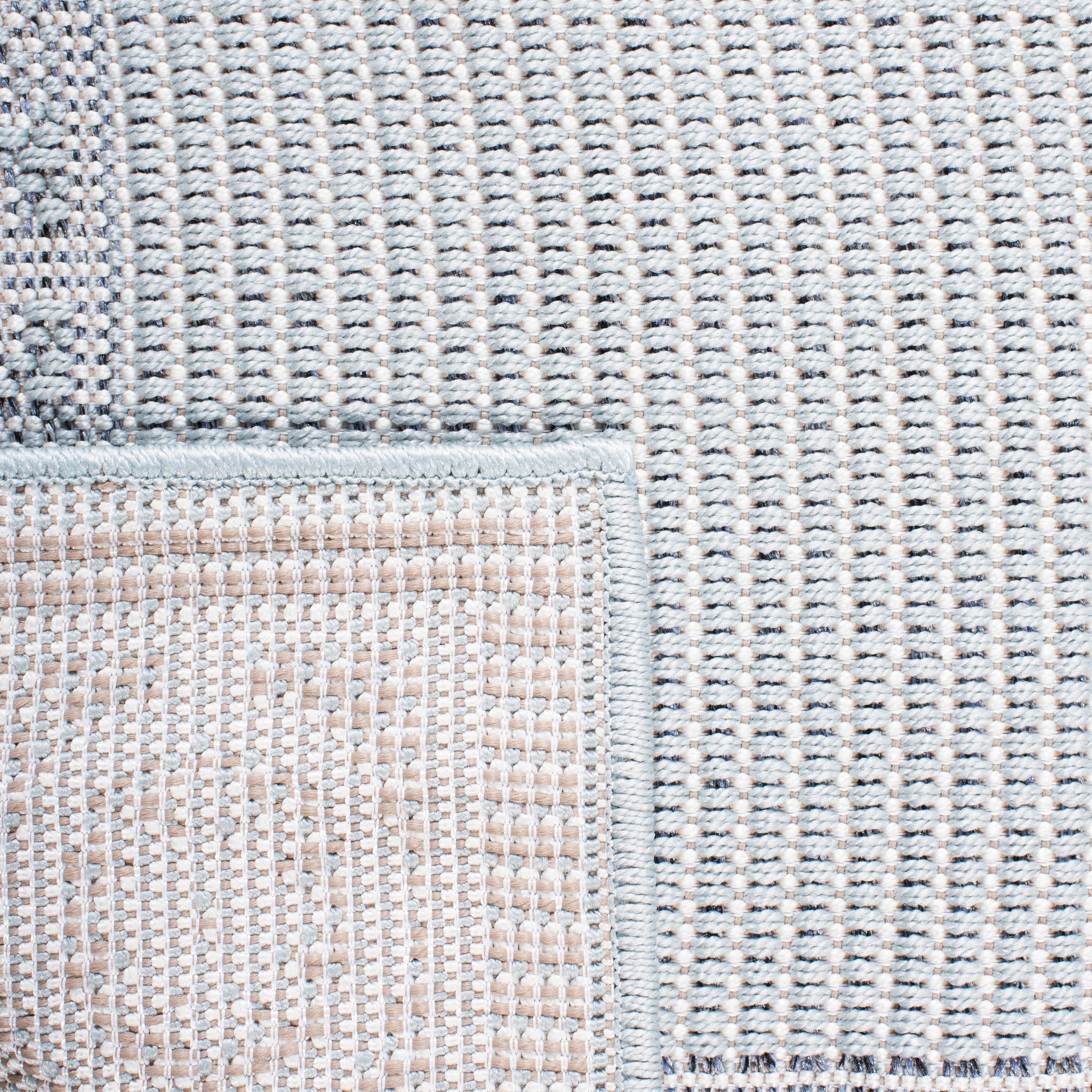 Aqua and Cream Floral Bordered Indoor/Outdoor Runner Rug