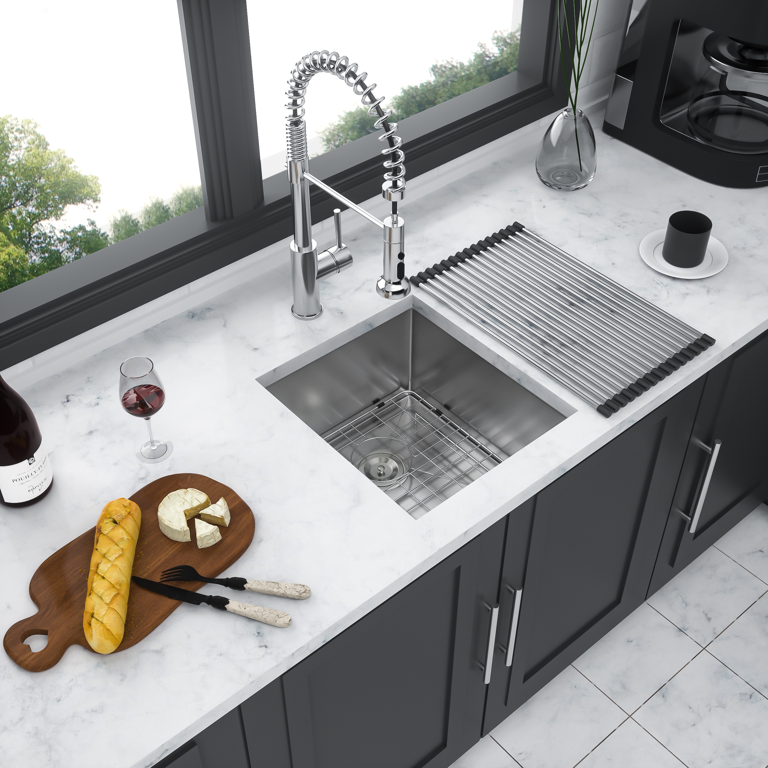 LOVMOR  13-in x 15-in Undermount Stainless Steel Single Bowl Brushed Nickel Kitchen Sink with Drain and Bottom Grid