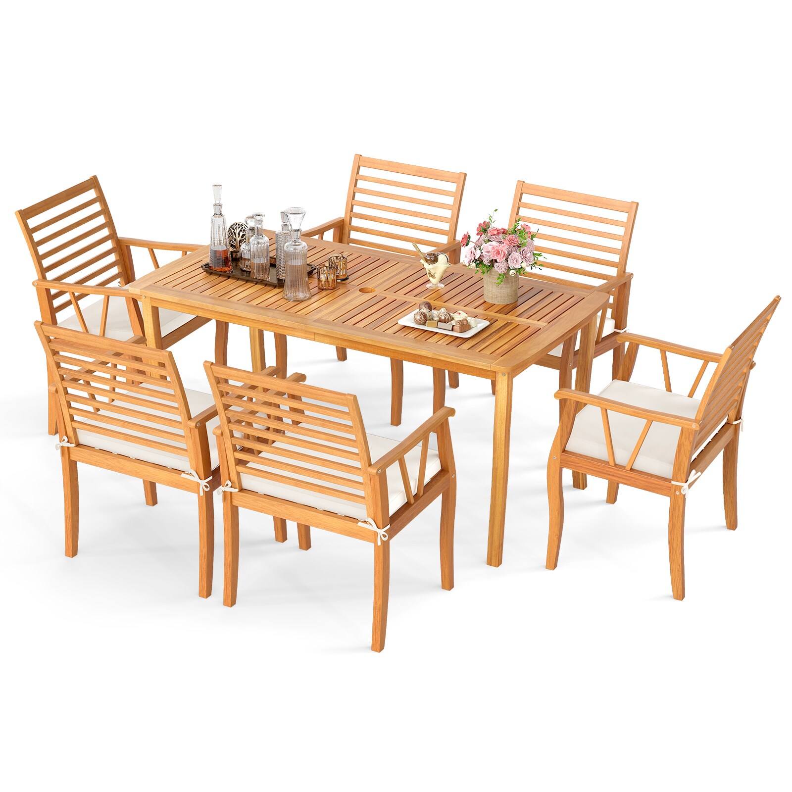 CALVON - 7 -Piece Natural Patio Dining Set Wood Rectangle Table with 6 Off-white Cushions Station...