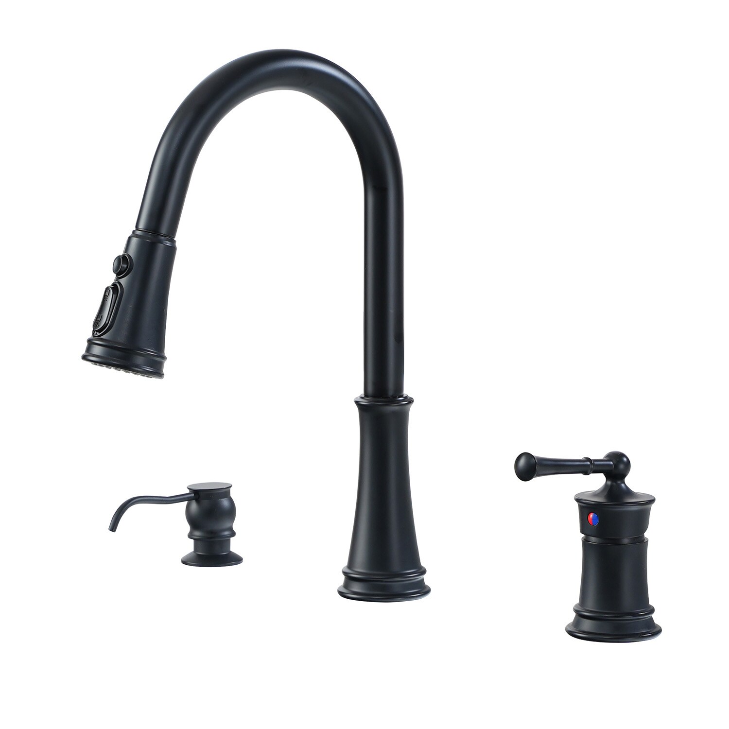 Mondawe MD-D95-MB Matte Black Single Handle Deck-mount Pull-down Kitchen Faucet with Sprayer (Soap Dispenser Included)