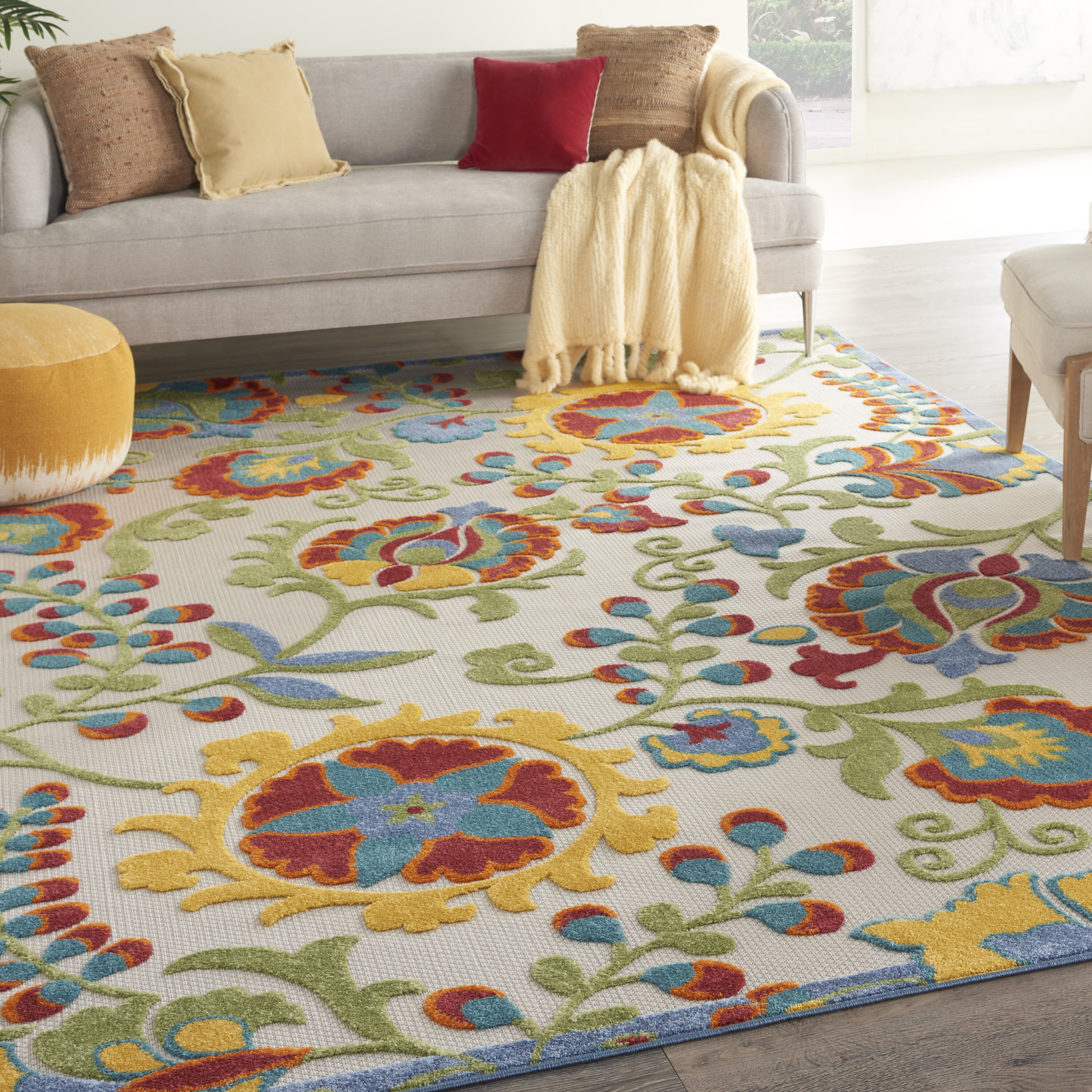 Nourison 99446829634 Aloha 12 x 15 (ft) Loomed Polypropylene Ivory/Multi Rectangular Indoor/Outdoor Floral/Botanical Farmhouse/Cottage Area rug