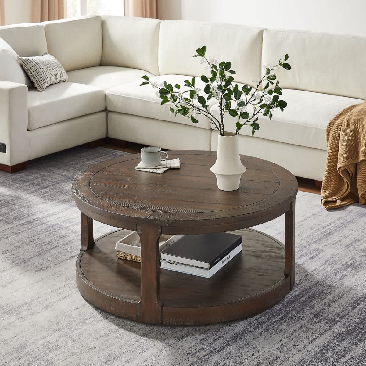 Maison Boucle 40-in Dark Brown Round 2 Tier Coffee Table with Lower Shelf and Casters