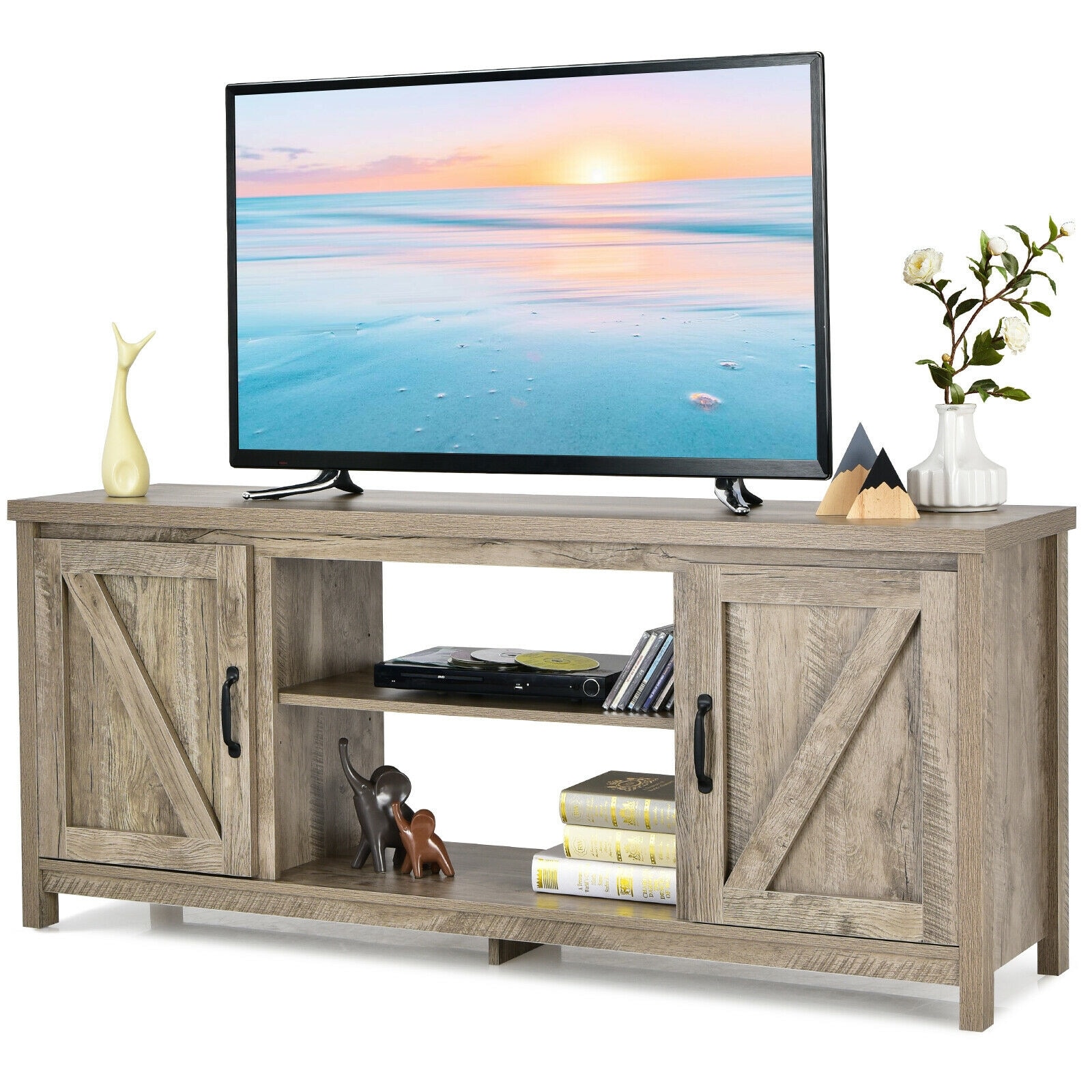Slickblue D-CO-AN58001VH Modern TV Stand with Adjustable Shelf and Cabinet Storage for Living Room Natural/Coffee