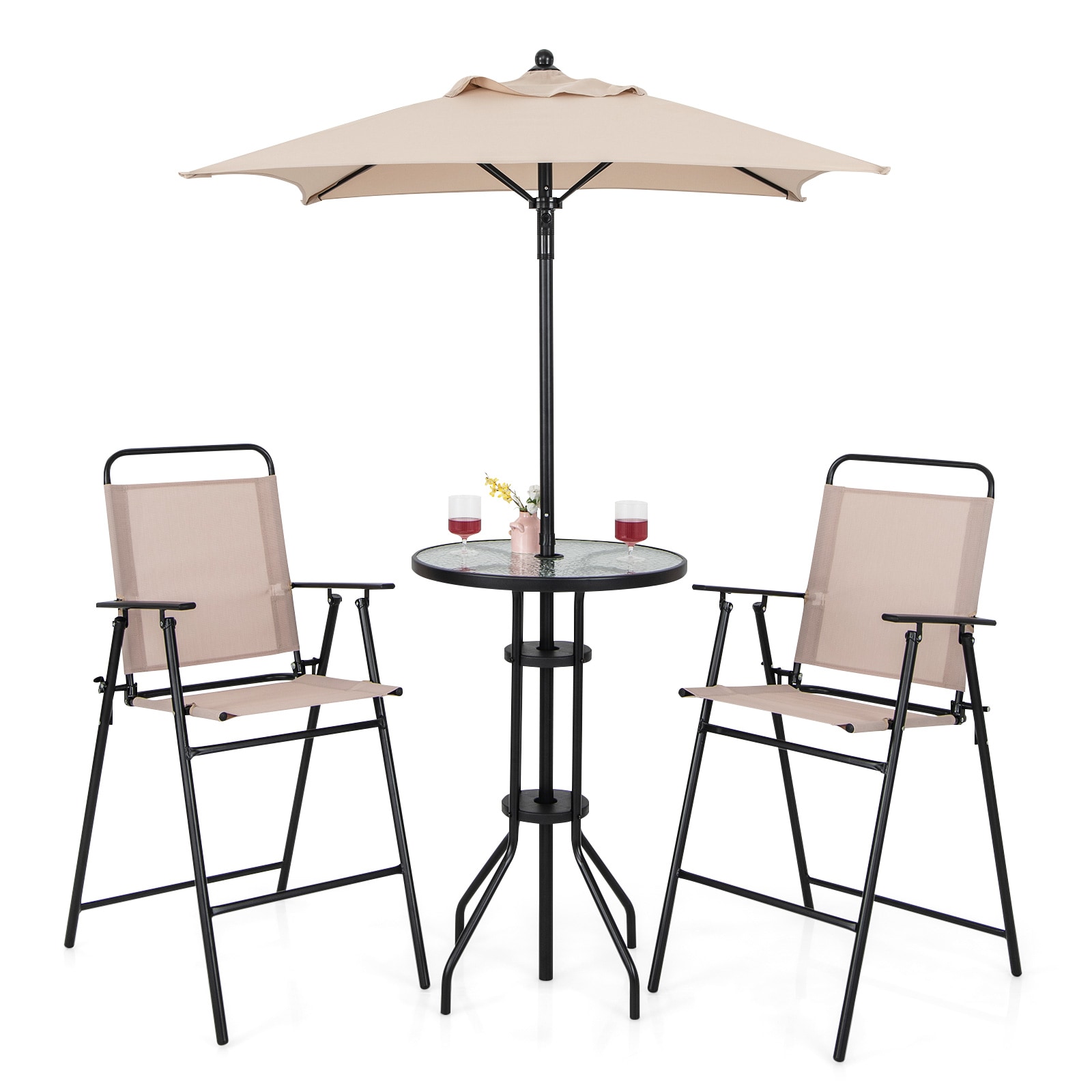 Volenca 4-Piece Outdoor Bar Set with 2 Folding Chairs Glass-Top Table and Umbrella