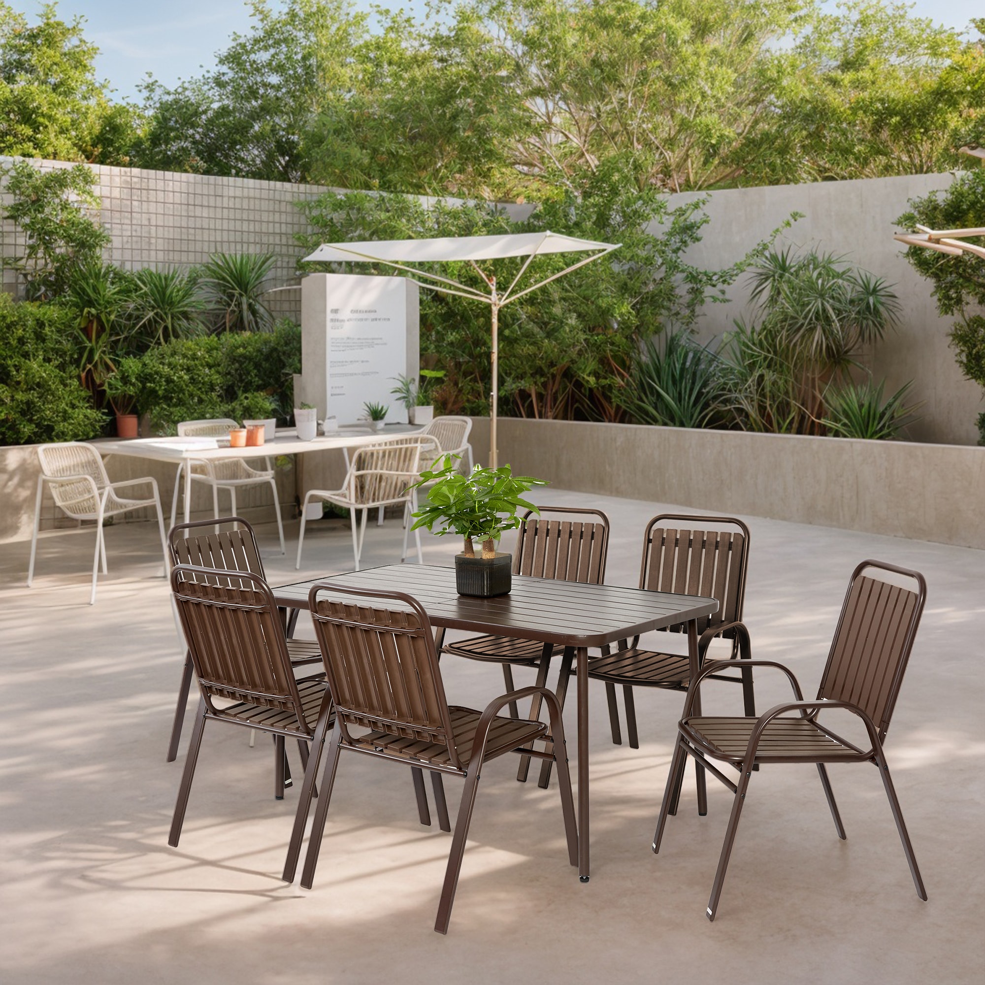 BABOOM BOM-641+-CO Outdoor Dining Set 7 -Piece Brown Patio Dining Set Steel Rectangle Table with 6 Stationary Chairs