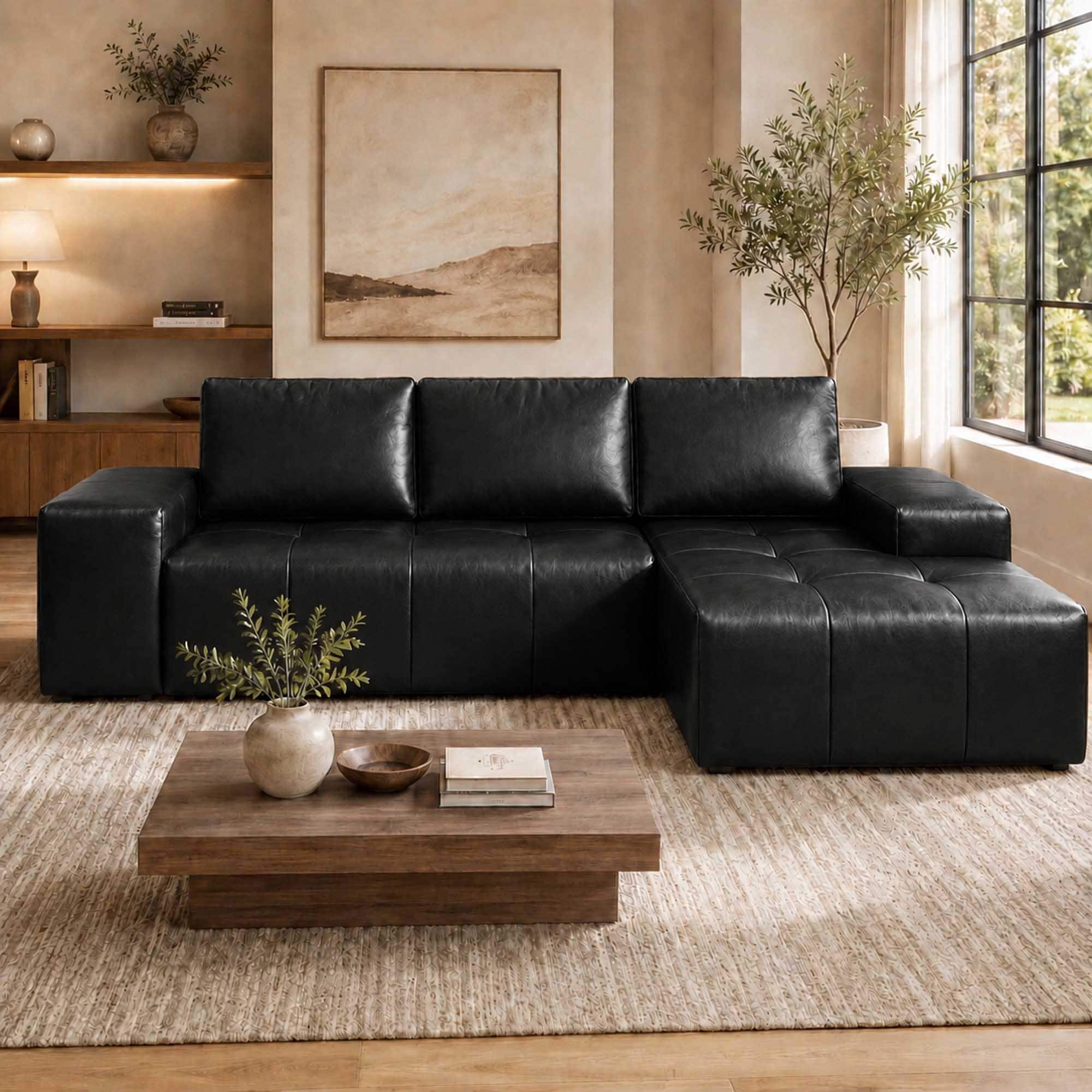 AUKFA 114 Inch L Shaped Sectional Sofa with Right Facing Chaise and Deep Seat - 3 Seat Faux Leather Boneless Cloud Couch with Memory Foam and No Assembly for Living Room Apartment - Black