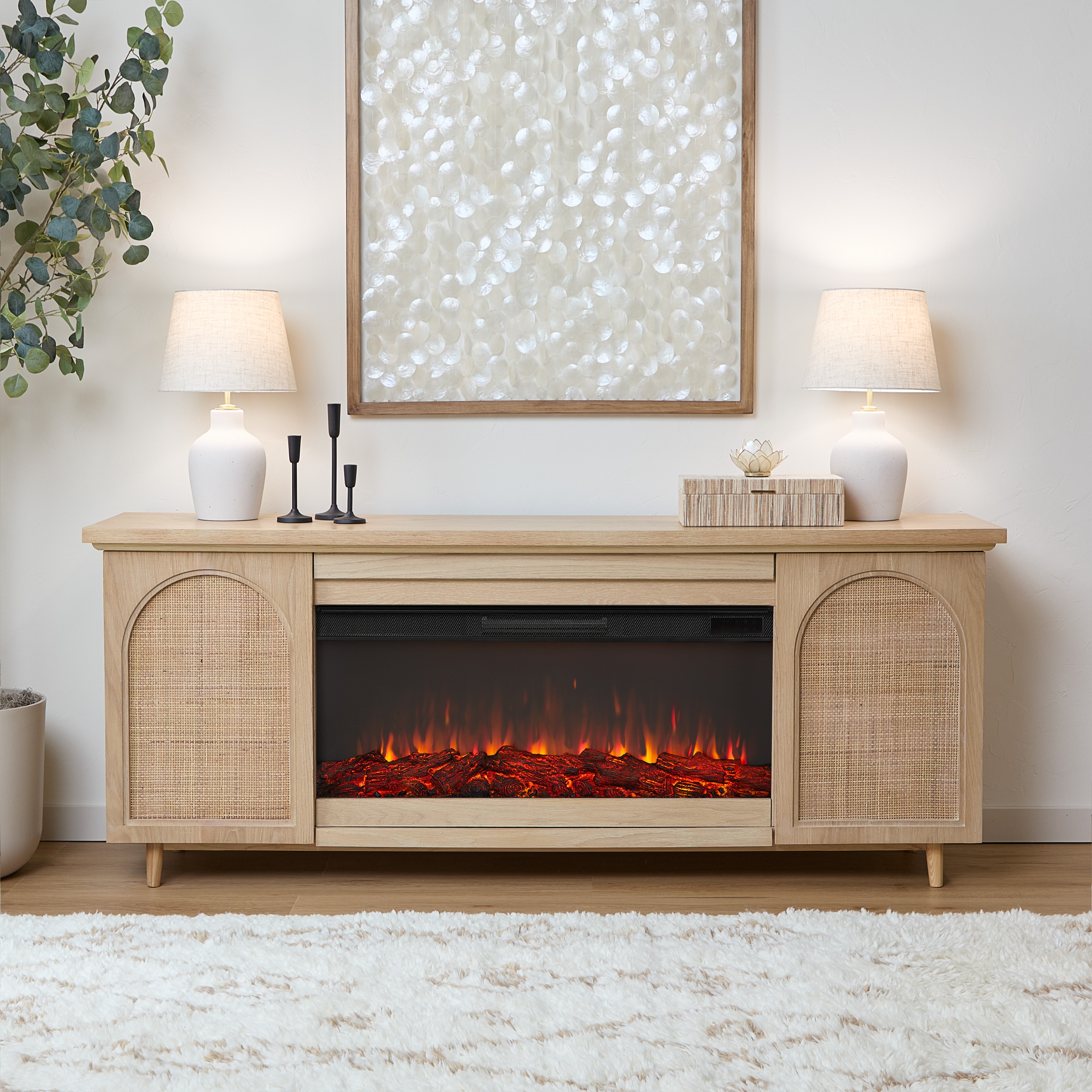Real Flame 75.75-in W White Oak TV Stand with Infrared quartz Flat