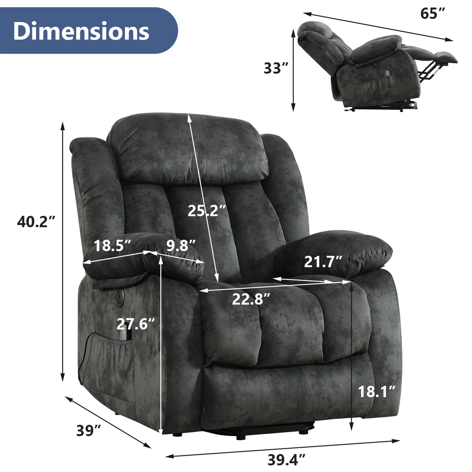 Canmov Power Lift Massage Recliner Gray Velvet Powered Reclining ...