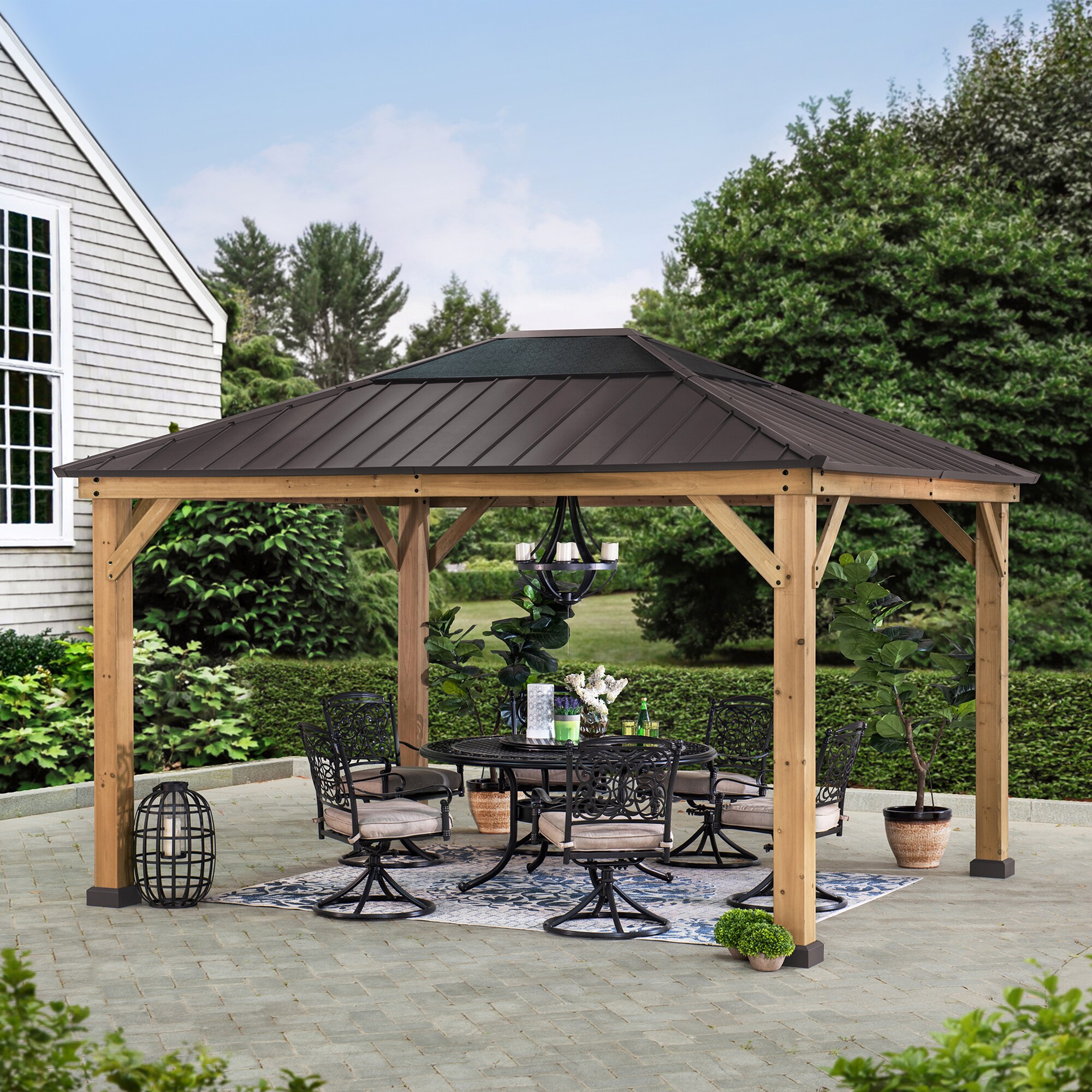 Sunjoy 11-ft x 13-ft Rectangle Brown Wood Steel Roof Gazebo