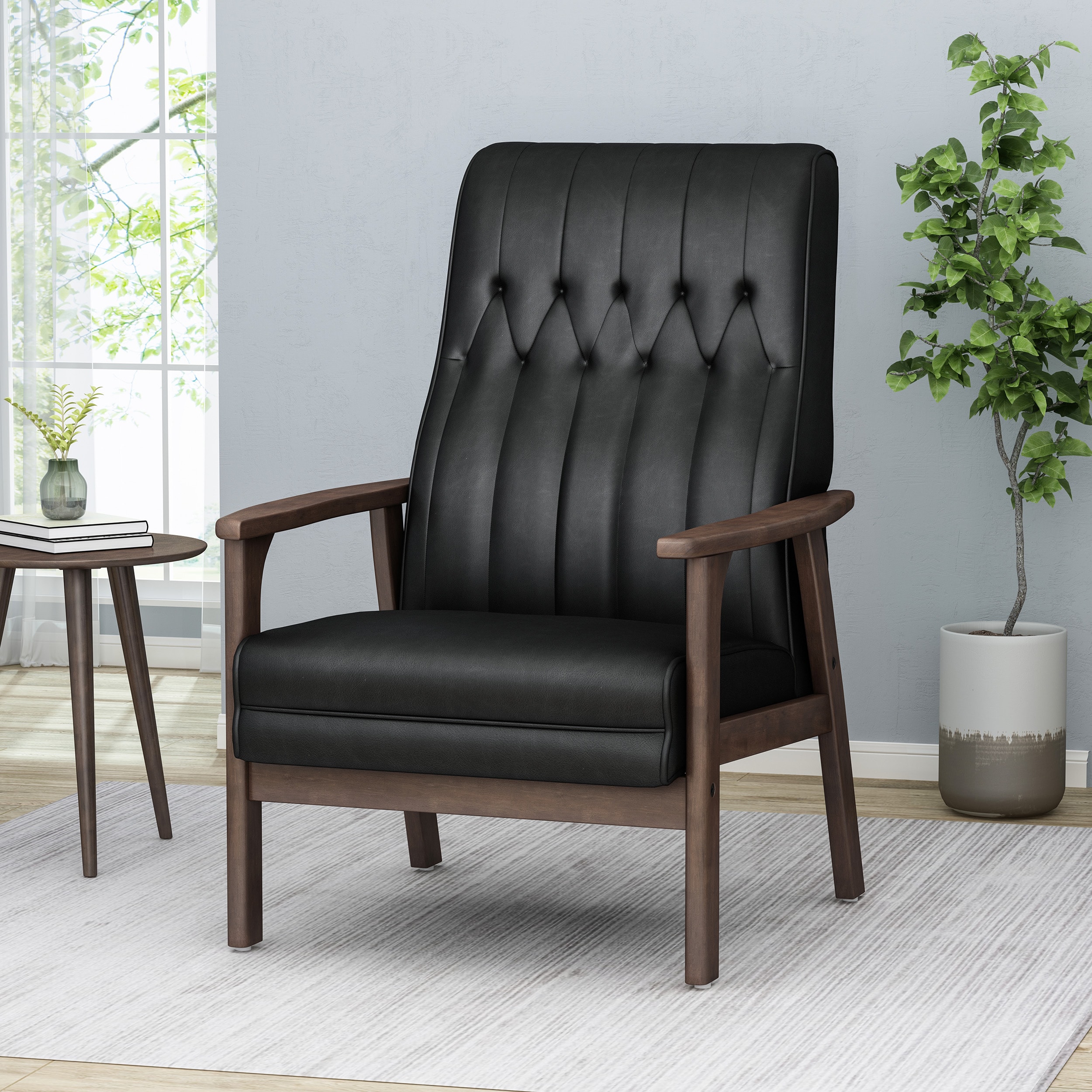 Matte Black Faux Leather and Wood Mid-Century Modern Accent Chair