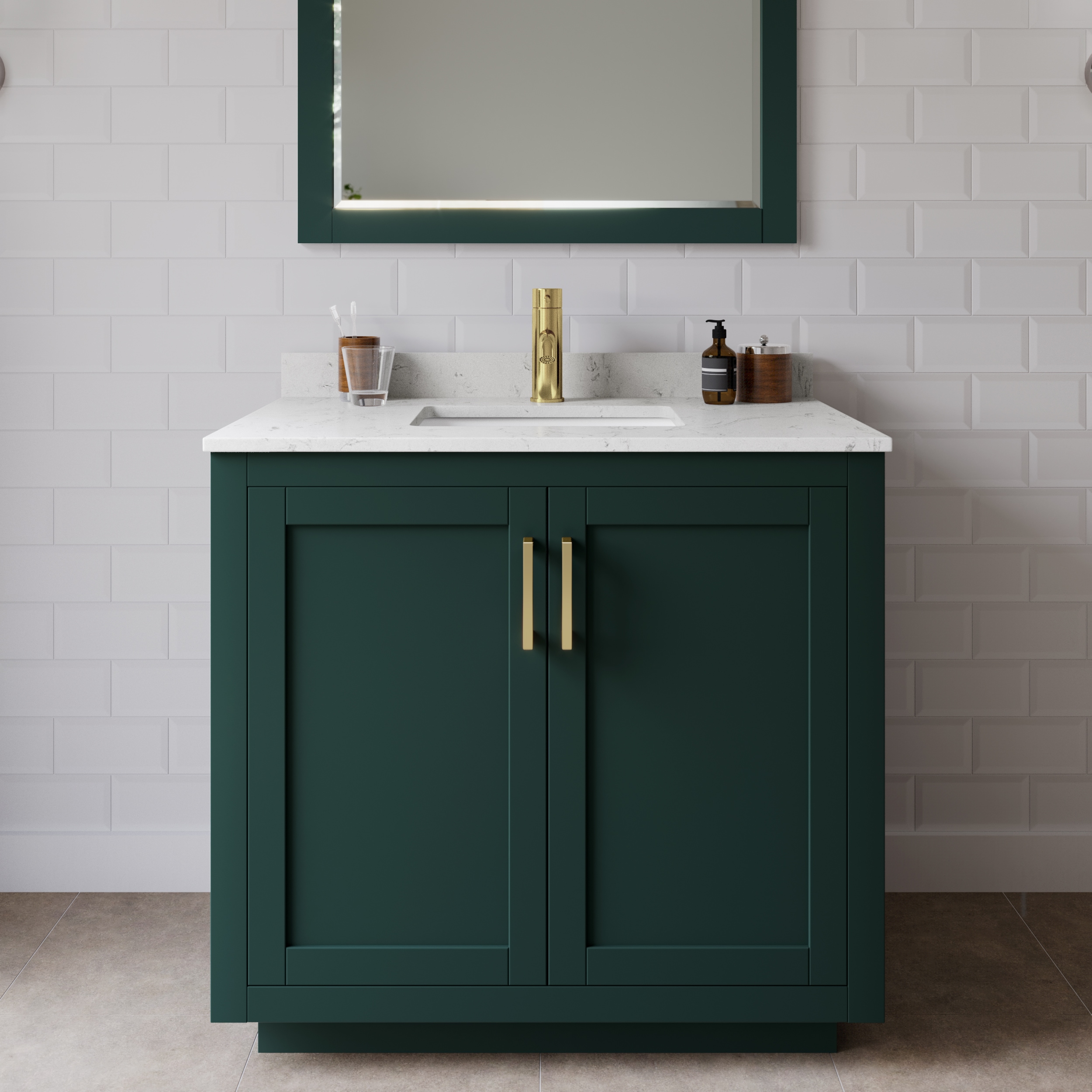 Wyndham Collection WCF292936SGDC2UNSMXX Miranda 36-in Green with Brushed Gold Trim Undermount Single sink Bathroom Vanity with Carrara Cultured Marble Cultured marble Top