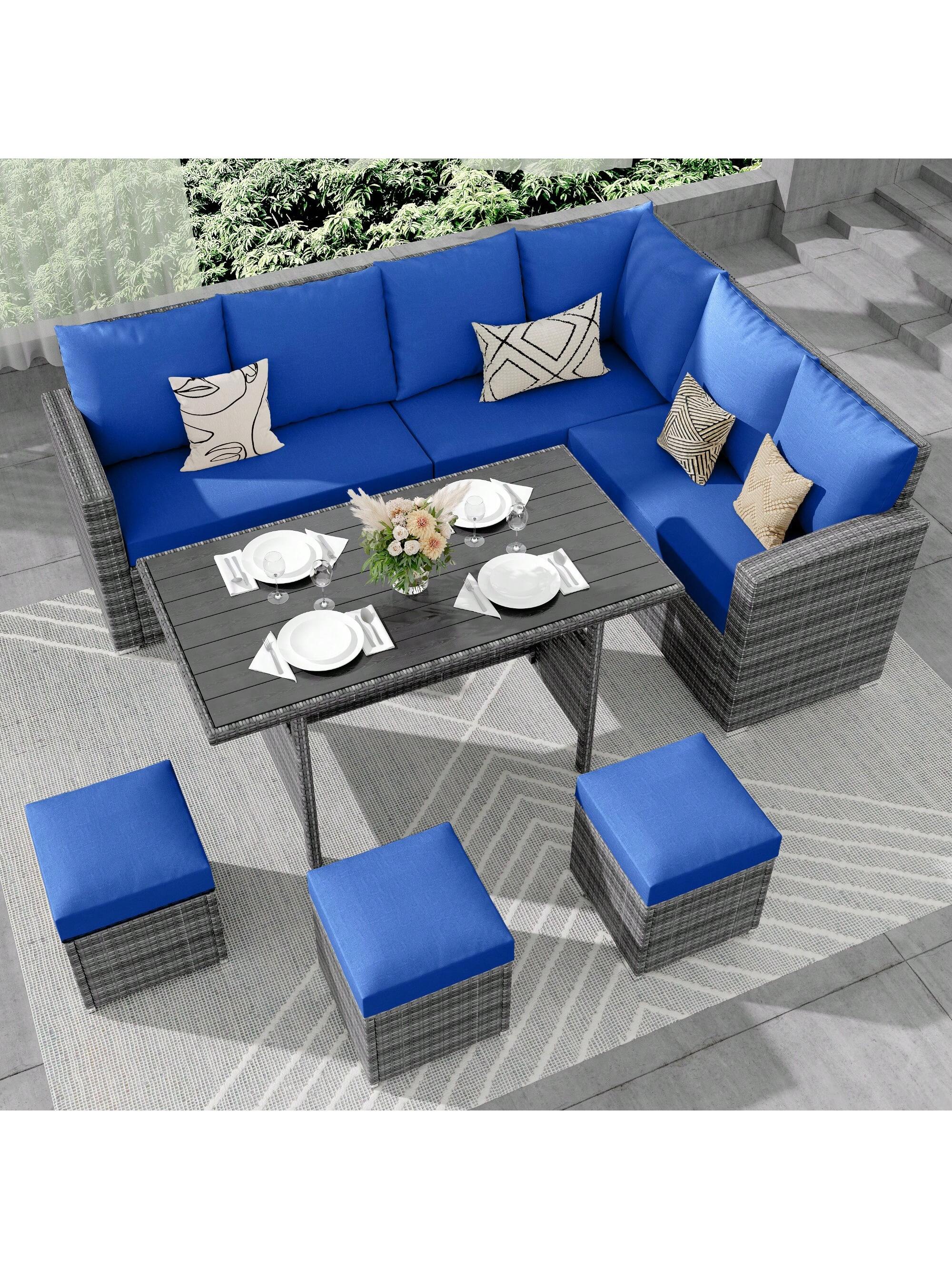 Qeetex PHO-11QSFMV5-HF4 7 Piece Outdoor Sectional Sofa with Dining Table.Patio Sectional Sofa Conversation Set All Weather Wicker Rattan Couch Dining Table and Chair with Ottoman