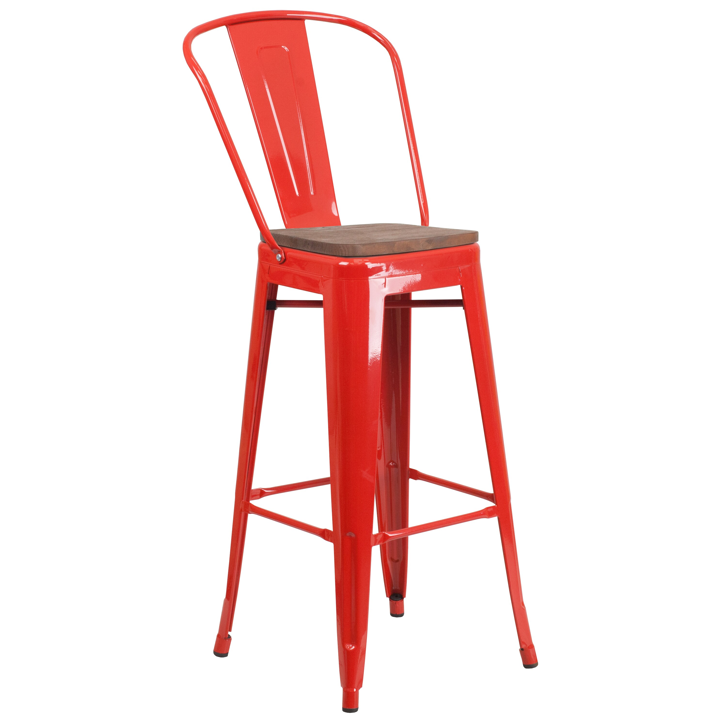 Merrick Lane - Dothan 30-in Tall Red Metal Bar Height Dining Stool with Curved Slatted Back and T...