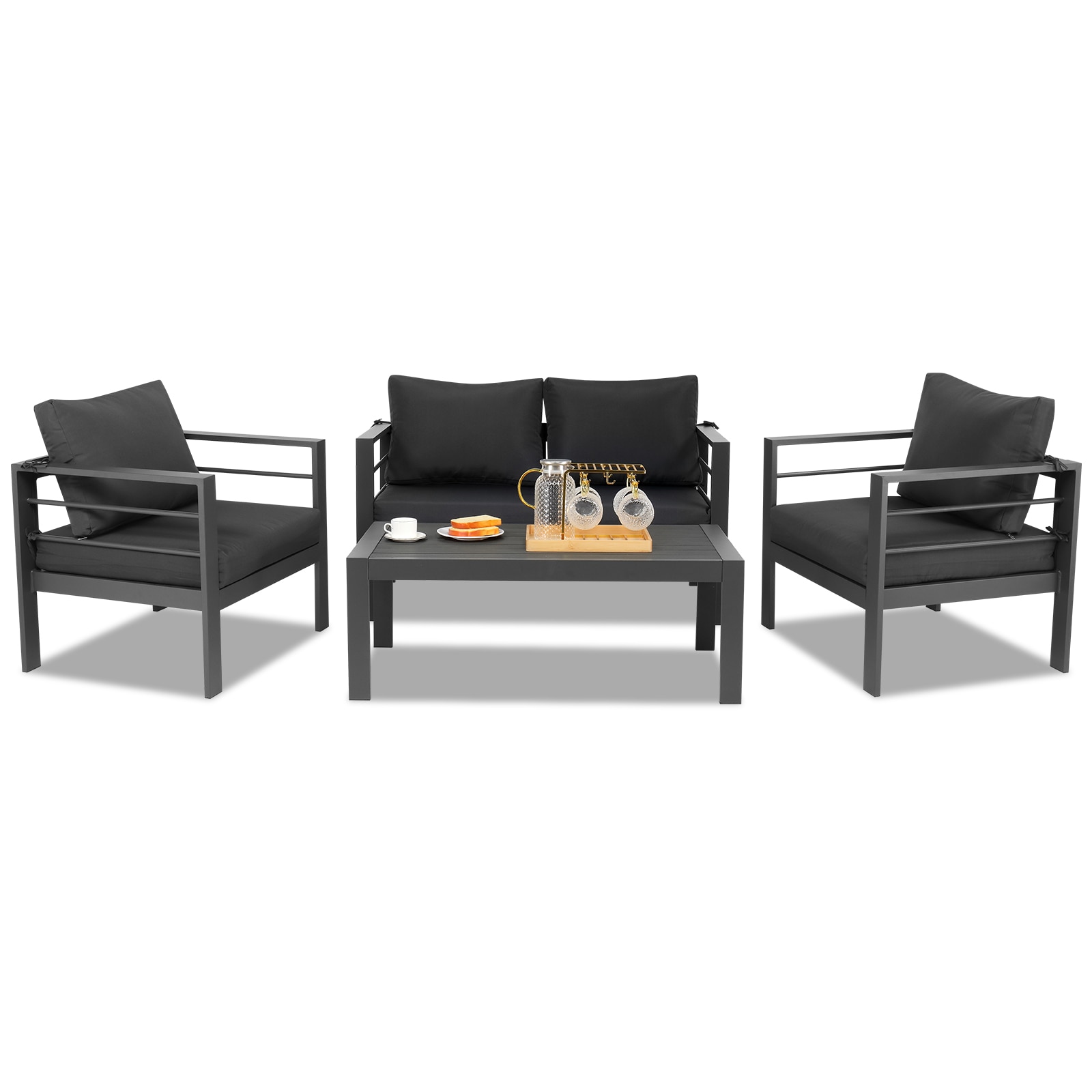 Winado LO1G56000609+610 4 -Piece Patio Conversation Set with Black Cushions
