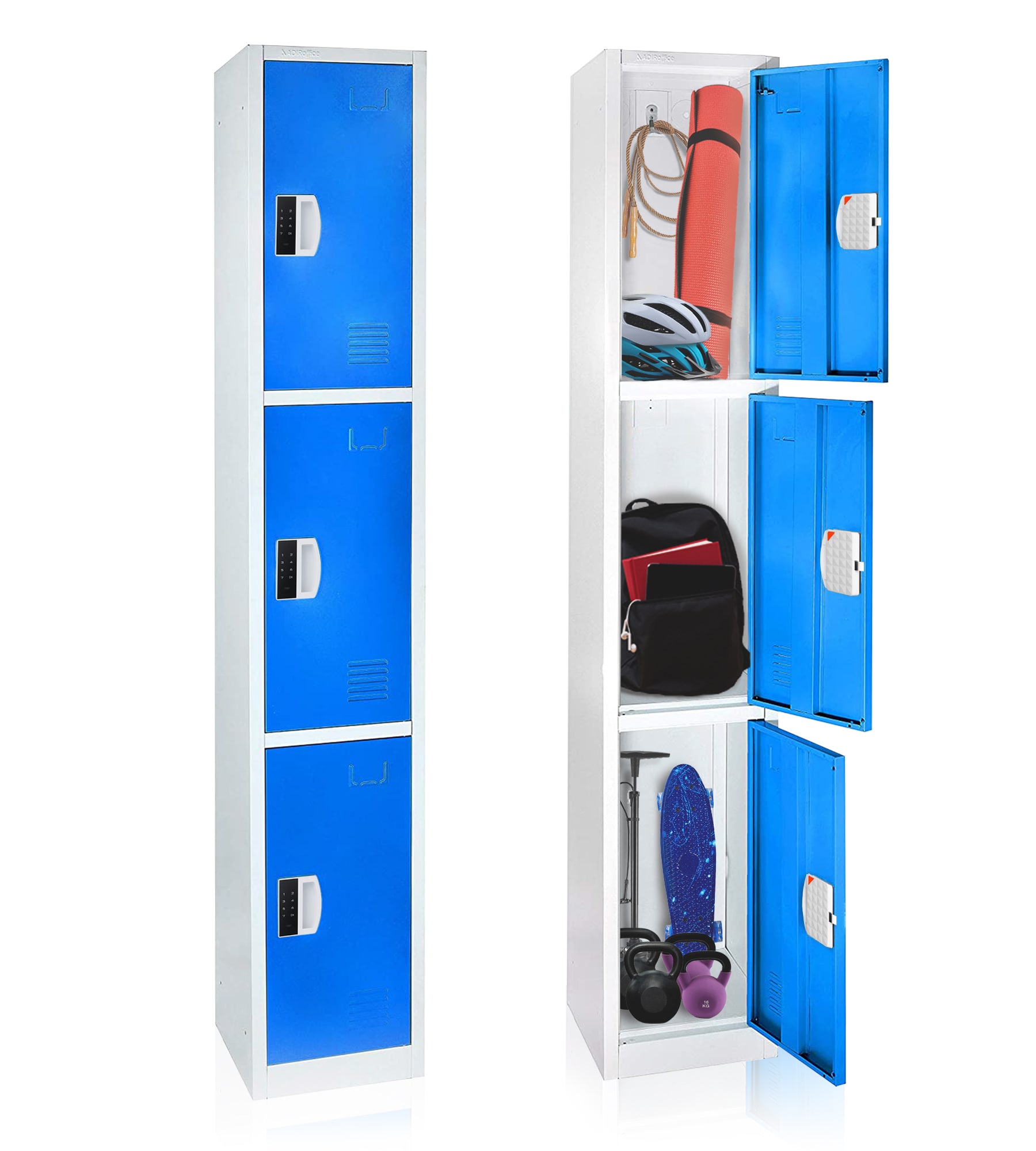 AdirOffice 12-in W x 72-in H x 12-in D Blue 3-Door 3-Tier Metal Full Storage Lockers with Digital Keypad Lock for Employees School Garage and Gym