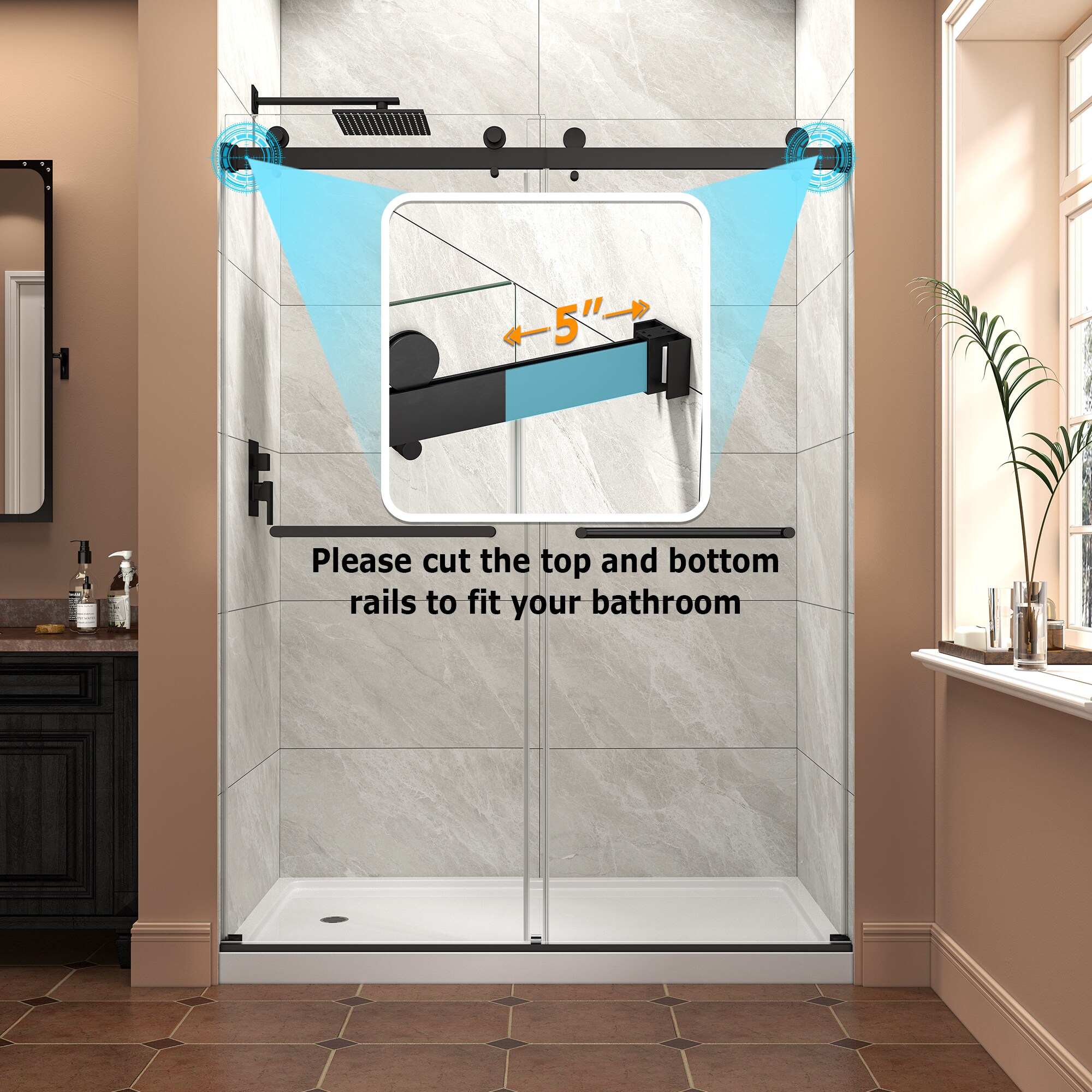 Huluwat 55 to 60 Inches W X 76 Inches H Matte Black Frameless Double ...