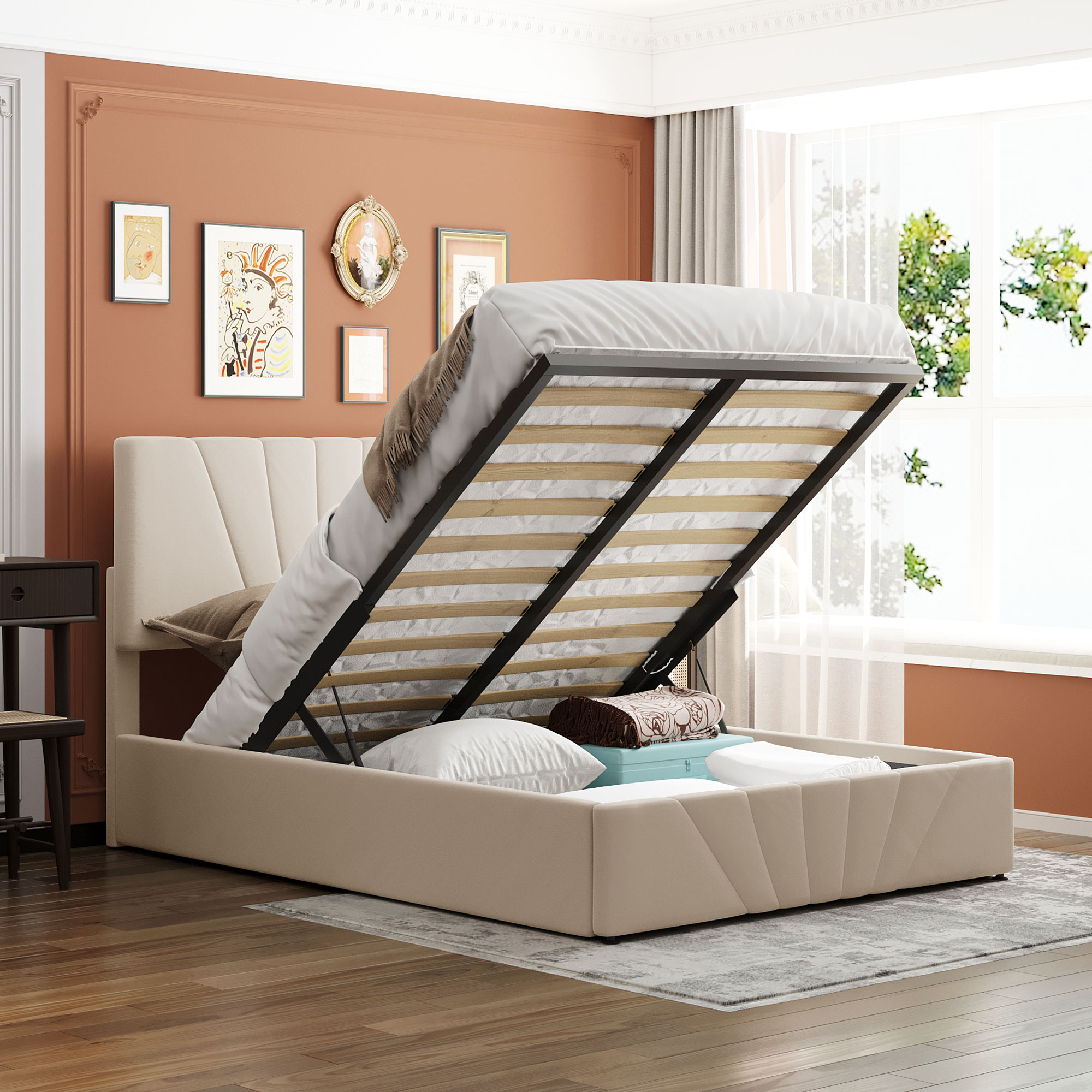 ModernLuxe LP000311AAA Full size Upholstered Platform bed with a Hydraulic Storage System  Beige