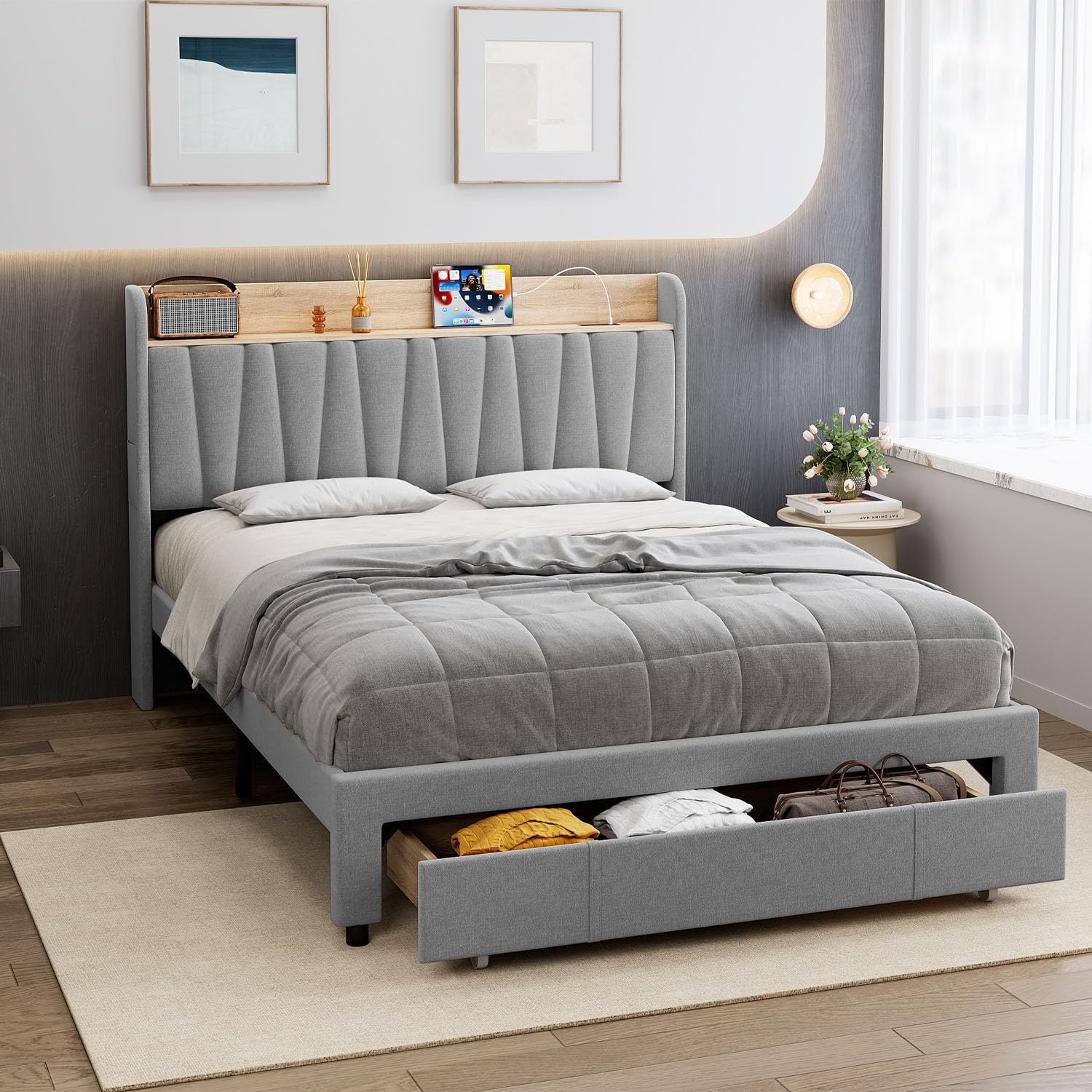 Qeetex LHF-BED-PHO-158D1LEM Upholstered Bed Frame with Storage Headboard and Charging Station Platform Bed Frame with Drawers Heavy Duty No Box Spring Needed Easy Assembly Grey Full Size