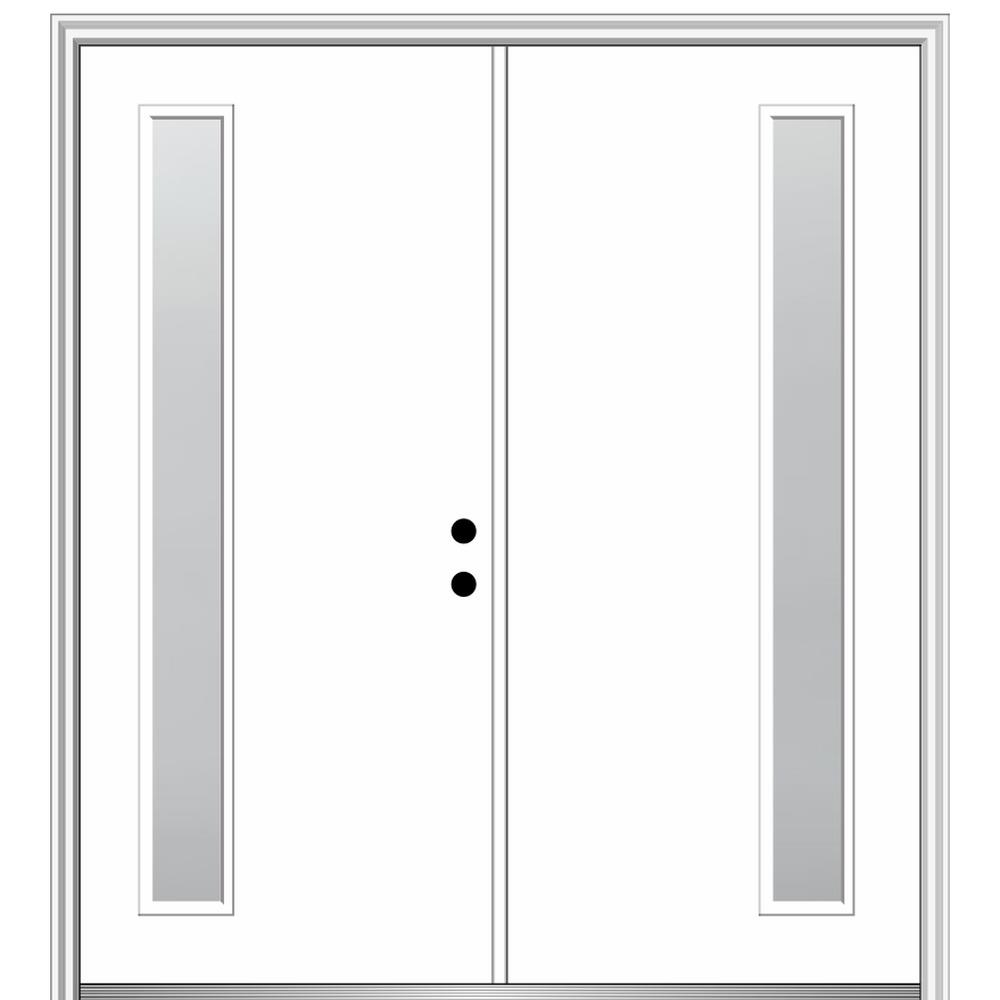 MMI DOOR ZZ349991L Spotlights 60-in x 80-in x 6-9/16-in Fiberglass Pulse lite Left-hand inswing Brilliant White Painted Prehung Double Front Door with Brickmould Insulating core