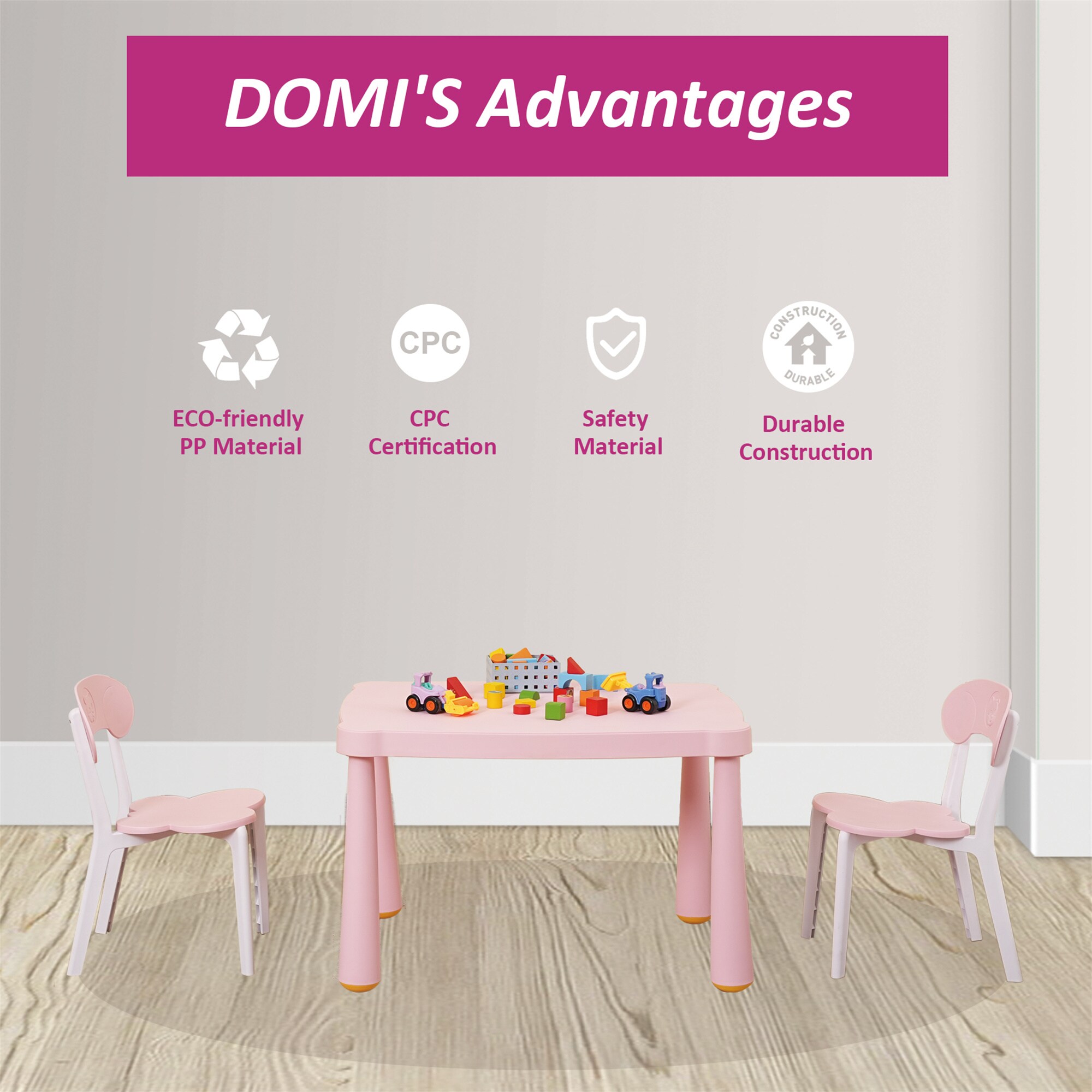 Wooakway Kids Table and Chairs plastic 3 Piece Children Activity Table ...