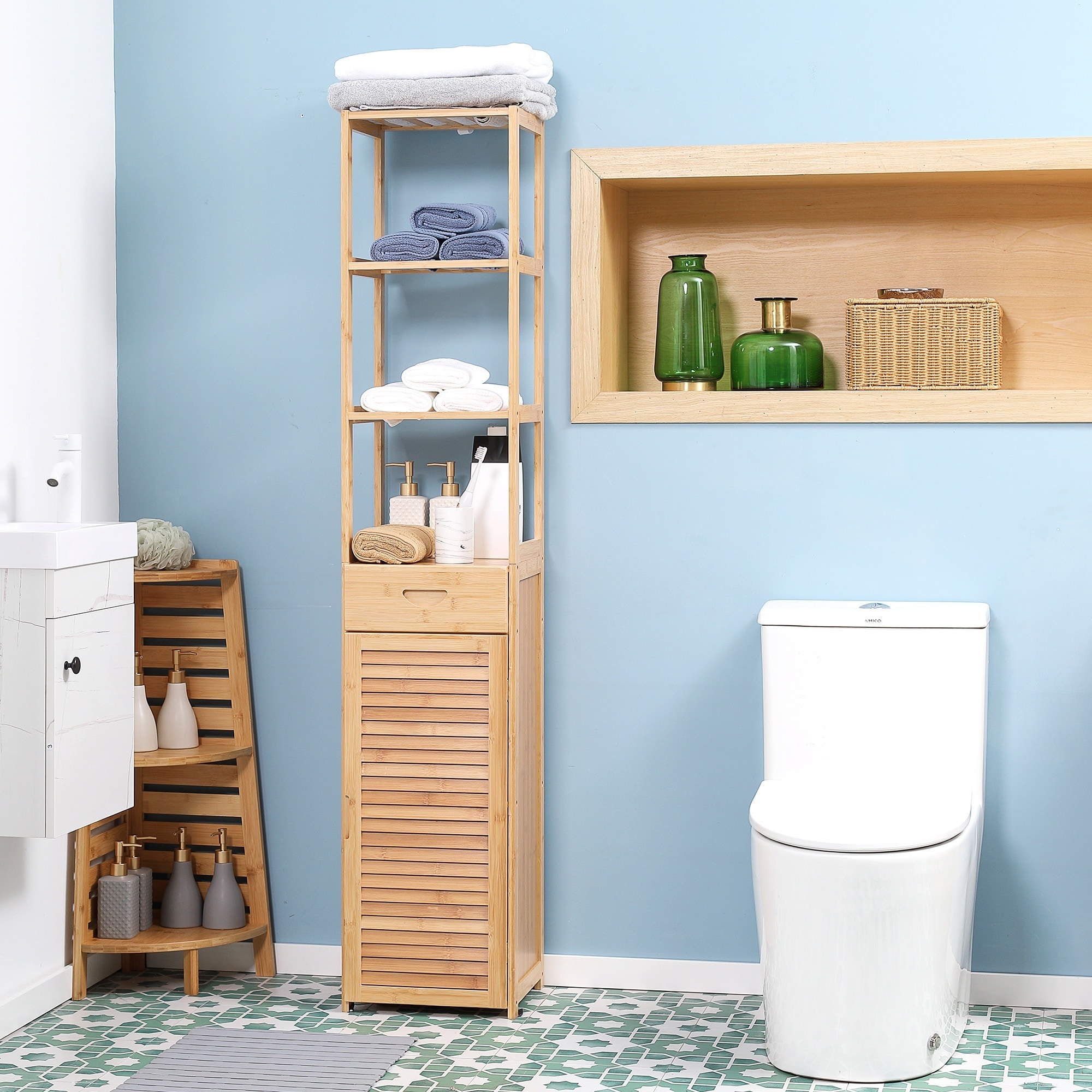 LIVACA 13 inch x 12 inch x 64 inch Natural Bamboo Tall Bathroom Cabinet with Drawer and Slatted Shelves