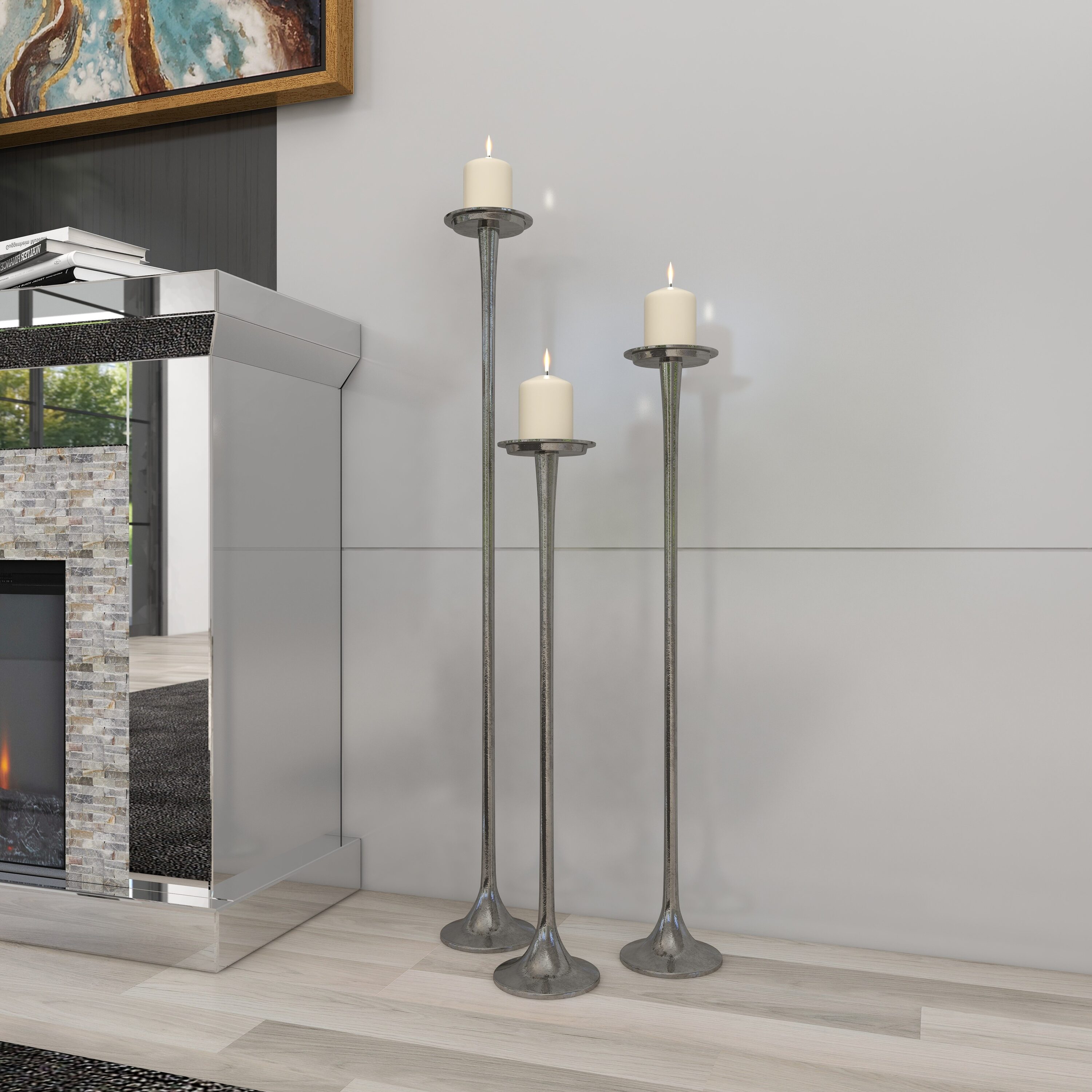Elegant Trio Silver Aluminum Floor Candle Holders, Set of 3