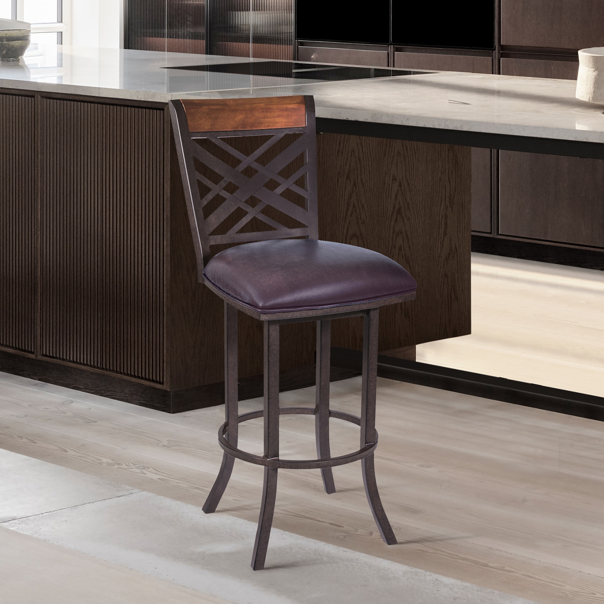 Tahiti Brown Faux Leather Swivel Metal Bar Stool with Arms