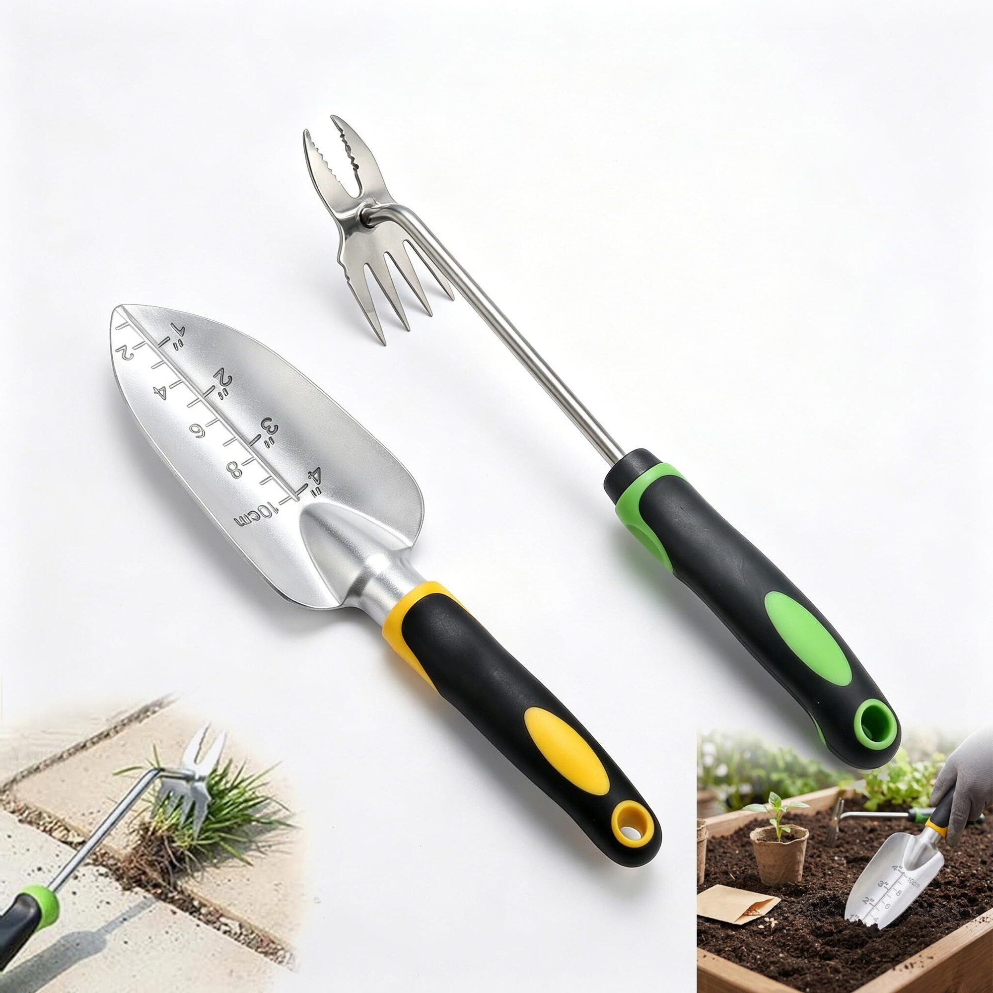 KHKFY  2 Piece Manual Weeding Tool Set Graduated Garden Trowel and Heavy Duty Stainless Steel Root Weeder with Non Slip Handles for Gardens Lawns