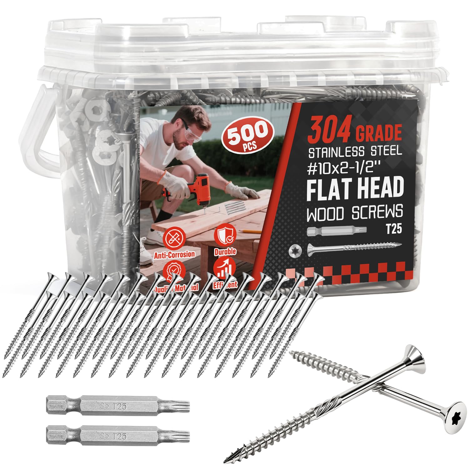 Phyfalip  10 Size 2 and Half Inch 304 Stainless Steel Deck Screws 500 pcs Outdoor Wood Fasteners for Fences Decks Projects T25 Star Drive Bit