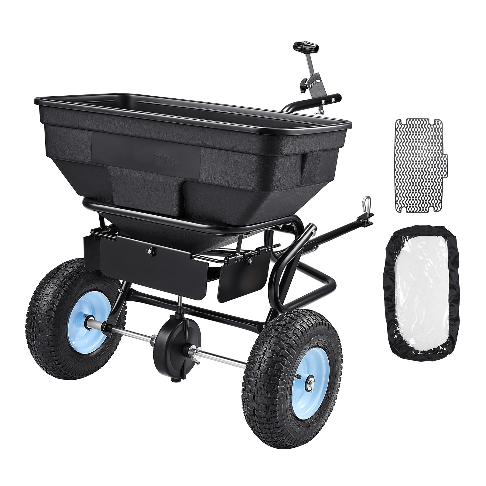 Mecale 130-lb Tow and Push Broadcast Spreader 9.8-ft Width 13-in Pneumatic Tires 30 Settings Lawn Seed Salt