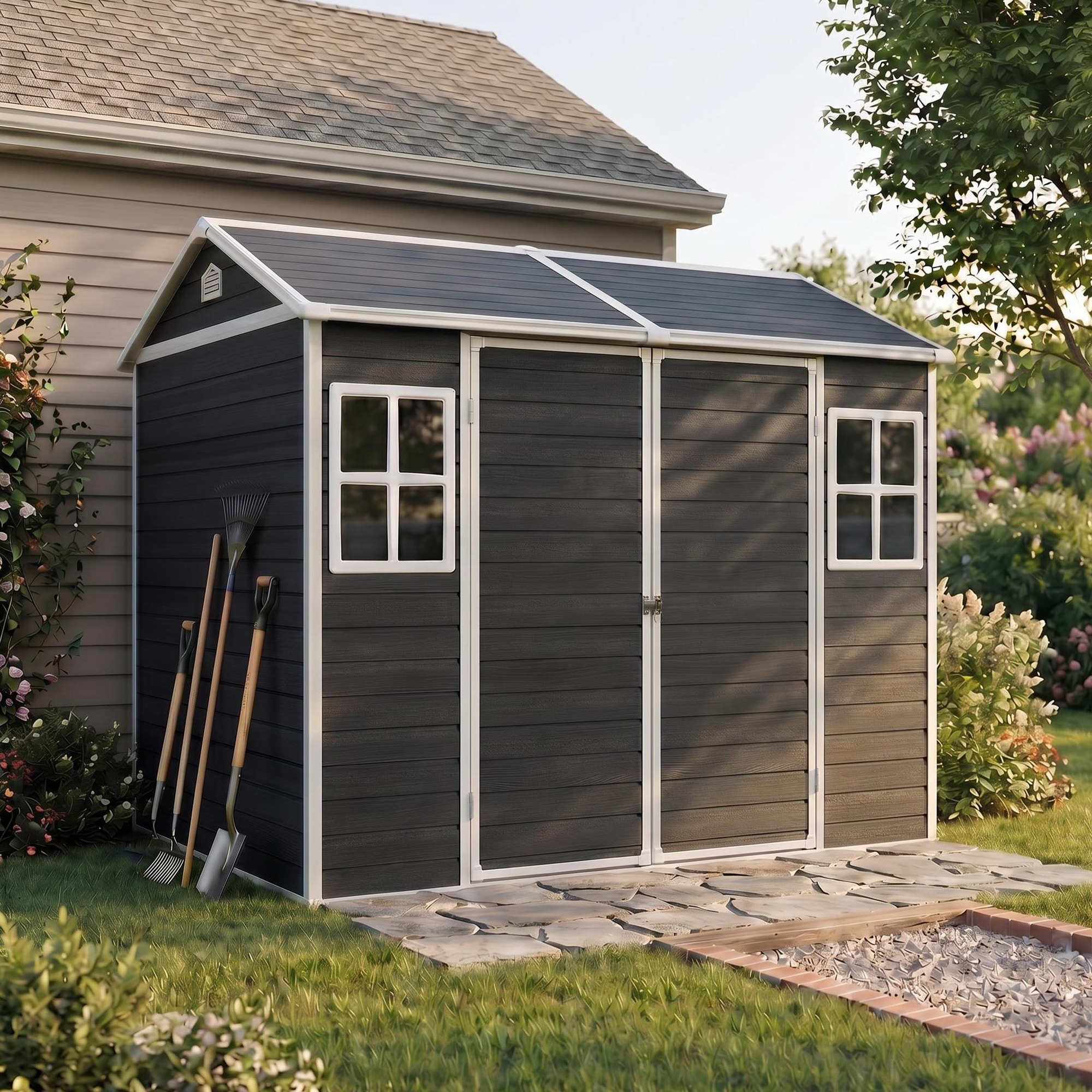 8-ft x 6-ft with Two Daylight Windows Black Gable Roof Plastic Resin Storage Shed