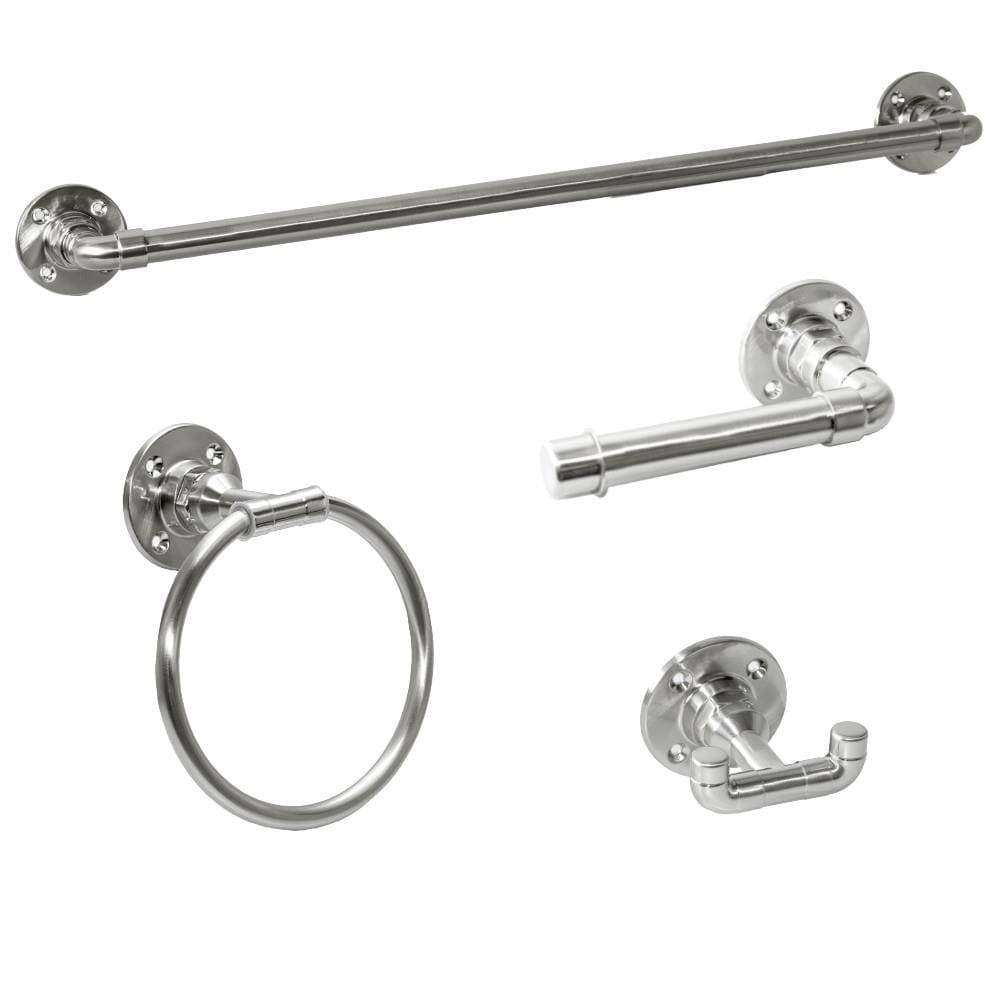 Design House 188573 4 -Piece Kimball Satin Nickel Decorative Bathroom Hardware Set Towel Bar, Toilet Paper Holder, Towel Ring ,Robe Hook Included