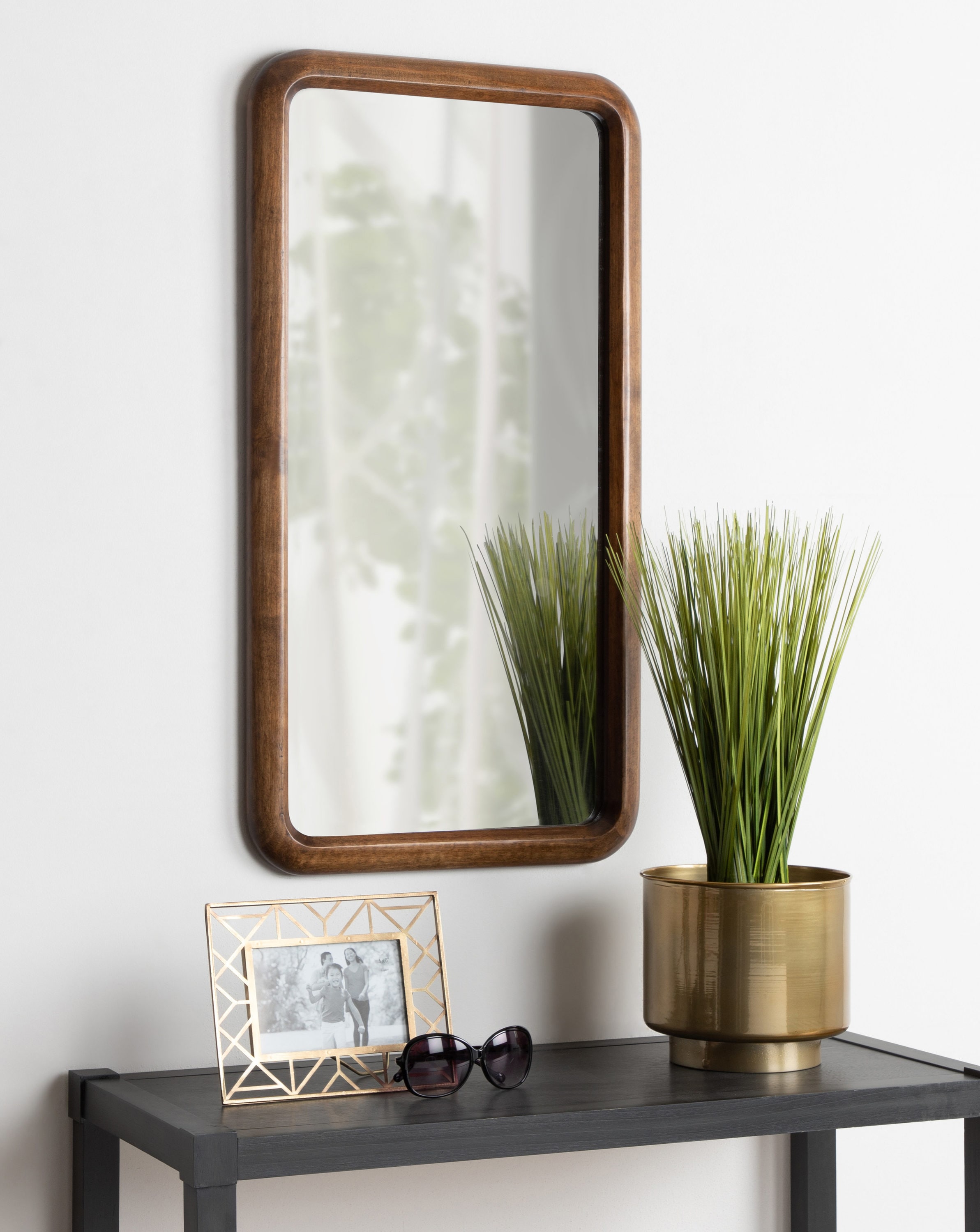 Pao 17" x 32" Rounded Rectangular Walnut Wood Vanity Mirror