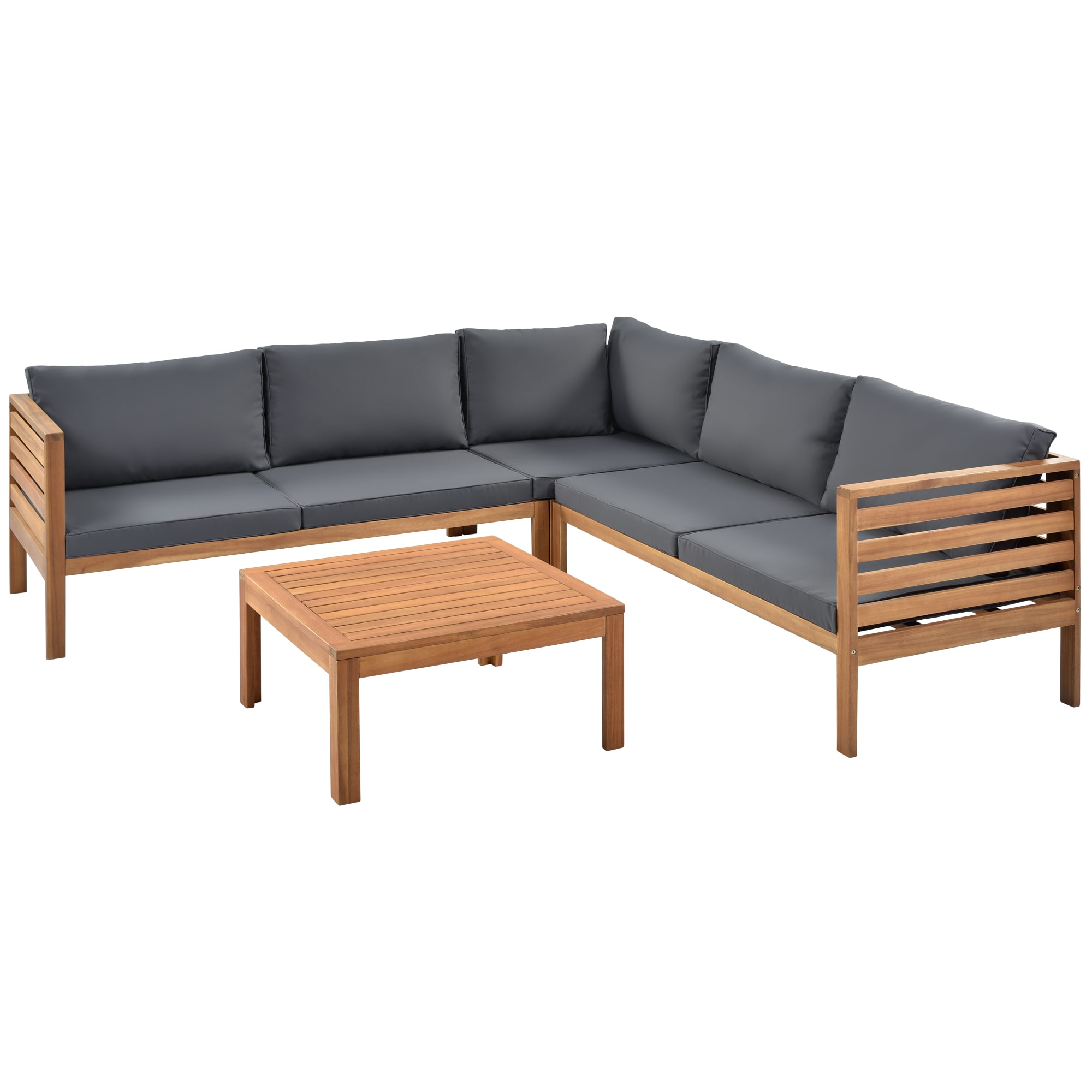 ModernLuxe L-FY201207AAE Wood Structure Outdoor Sofa Set Outdoor Sofa with Gray Cushions and Wood Frame