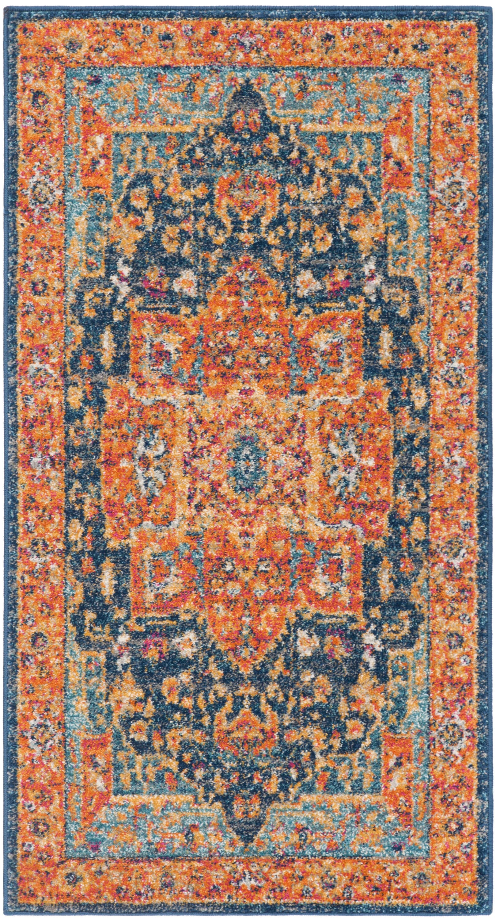 Reversible Hand-Knotted Blue and Orange Synthetic Area Rug - 2'2" X 4'