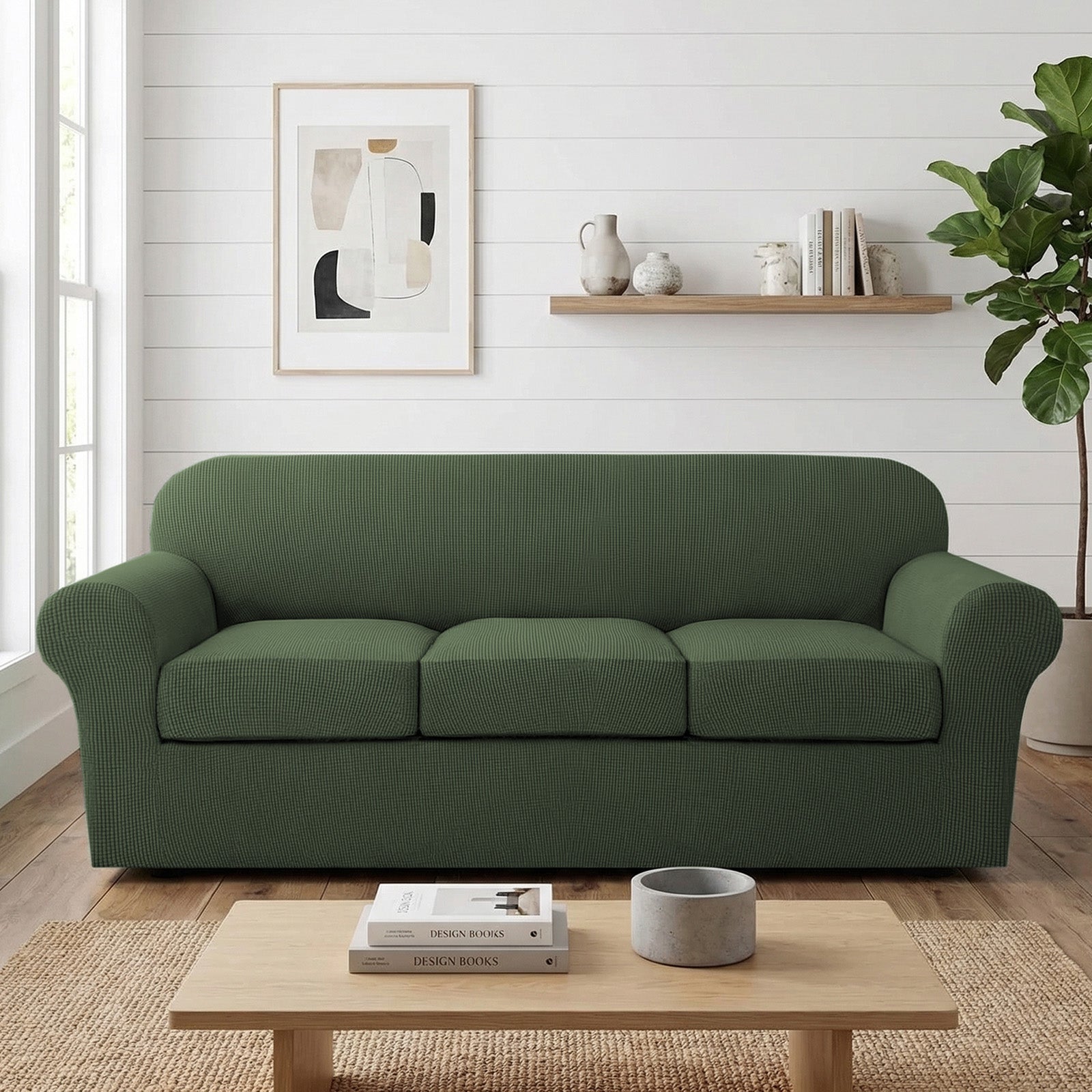 H.Versailtex -  Stretch jacquard sofa cover 3-Cushion XL Sofa Cover Bronze Green