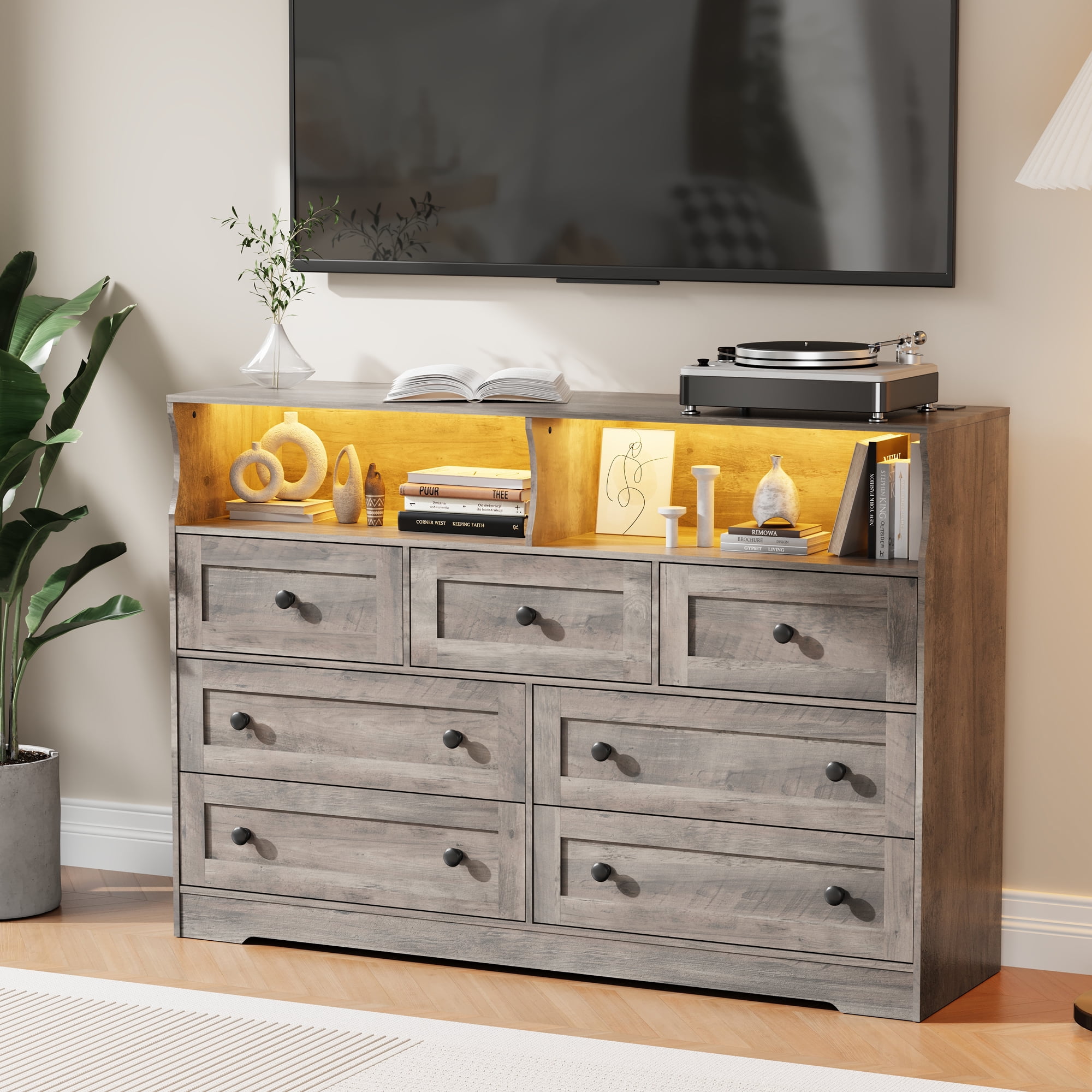 GAOMON Grey Dresser with Charging/LED Lights- 2 Open Cubbies for Kids Room/Living Room in the Accent Cabinets department at