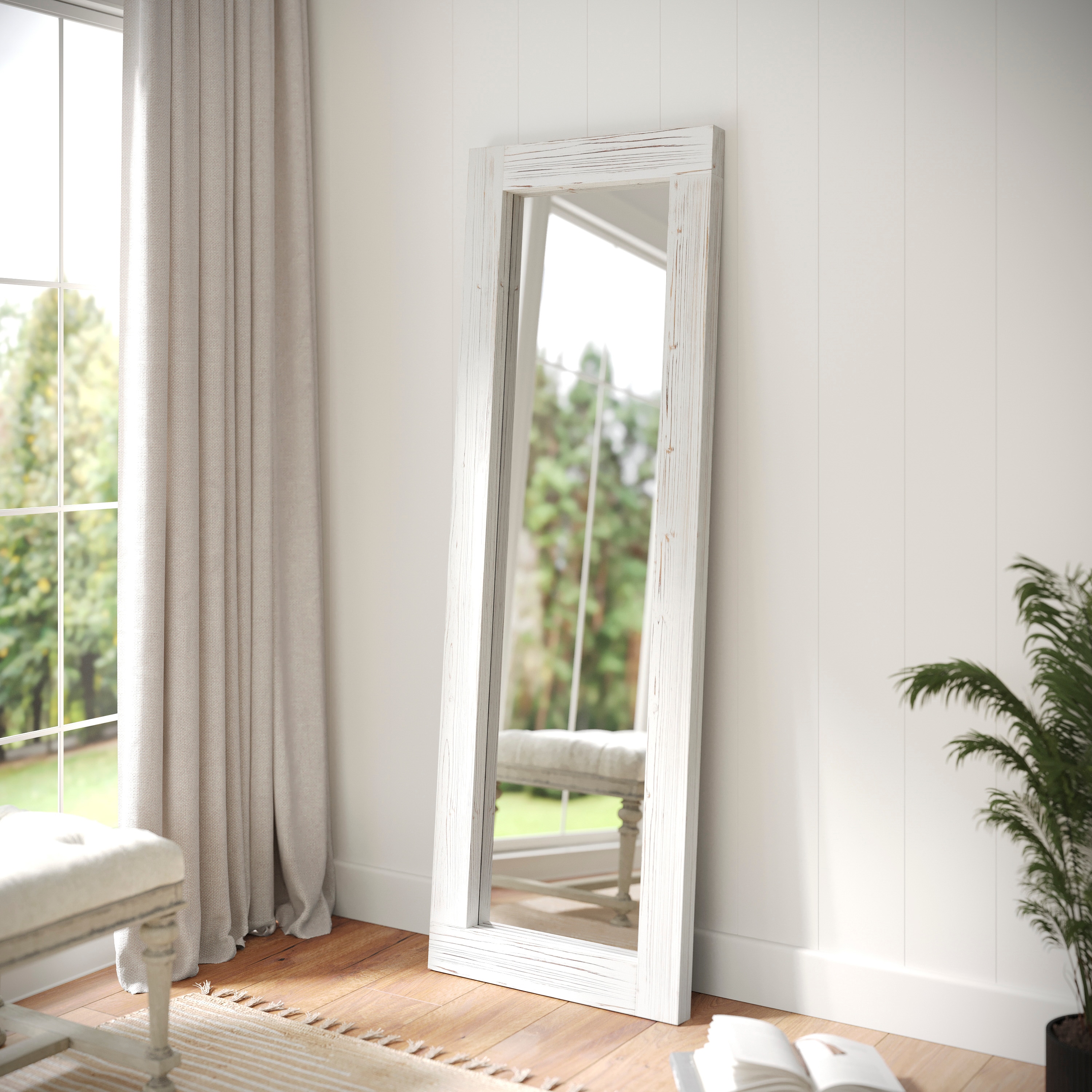 Flash Furniture 196861062834 Graham 22x65 Full Length Mirror; Wall Mounted or Wall Leaning; Rustic Solid Wood Frame in White Wash