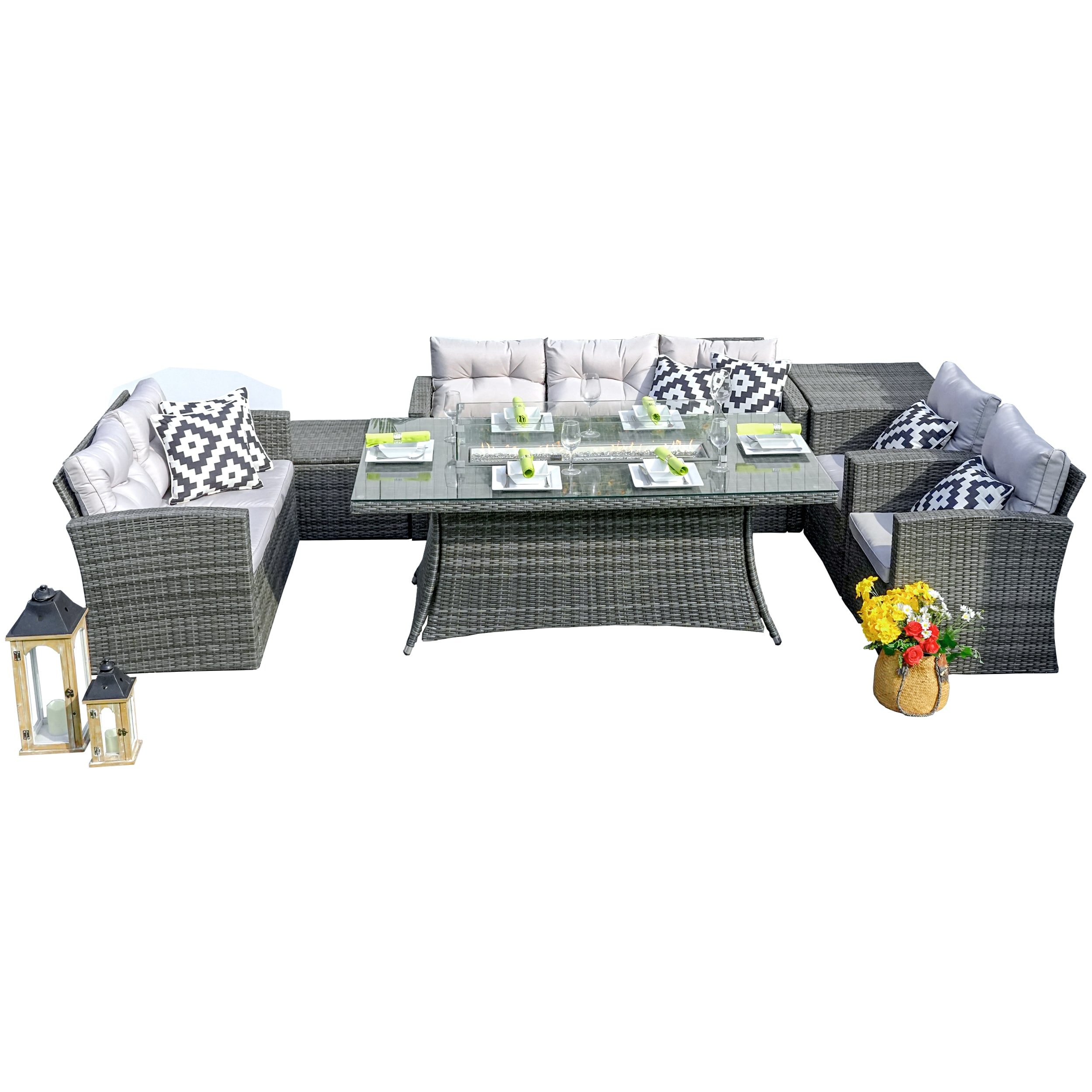 Moda Furnishings 1106R-1503-GR 7 -Piece Wicker Patio Sofa Conversation Set with Gray Cushions