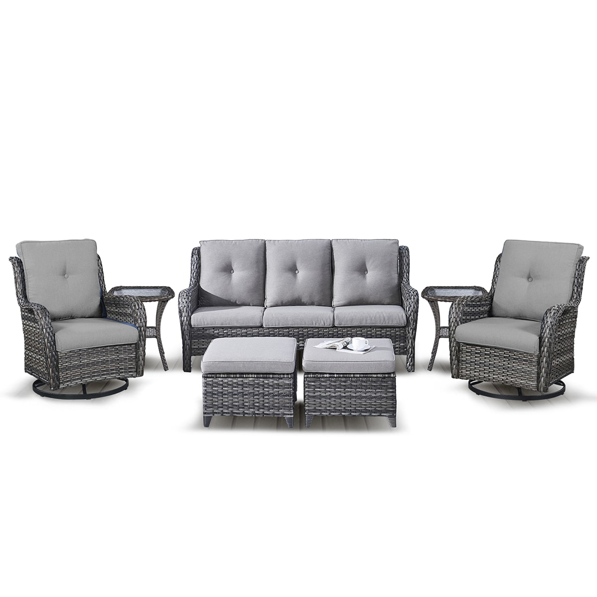 Rilyson FS015026X2024016-2 7 -Piece Wicker Patio Sofa Conversation Set with Gray Cushions