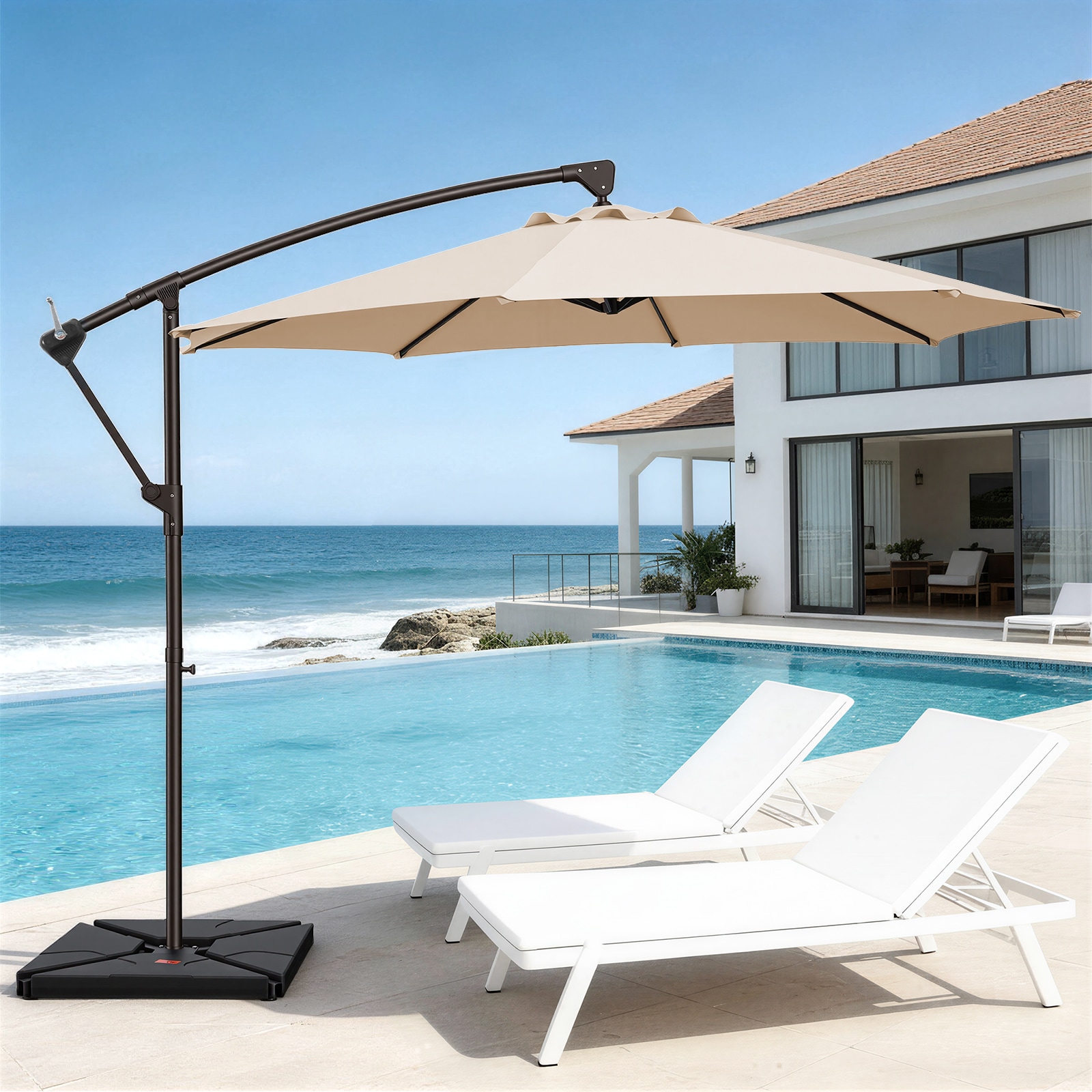 VOUA - 10-ft Steel Beige Crank Cantilever Patio Umbrella with Base