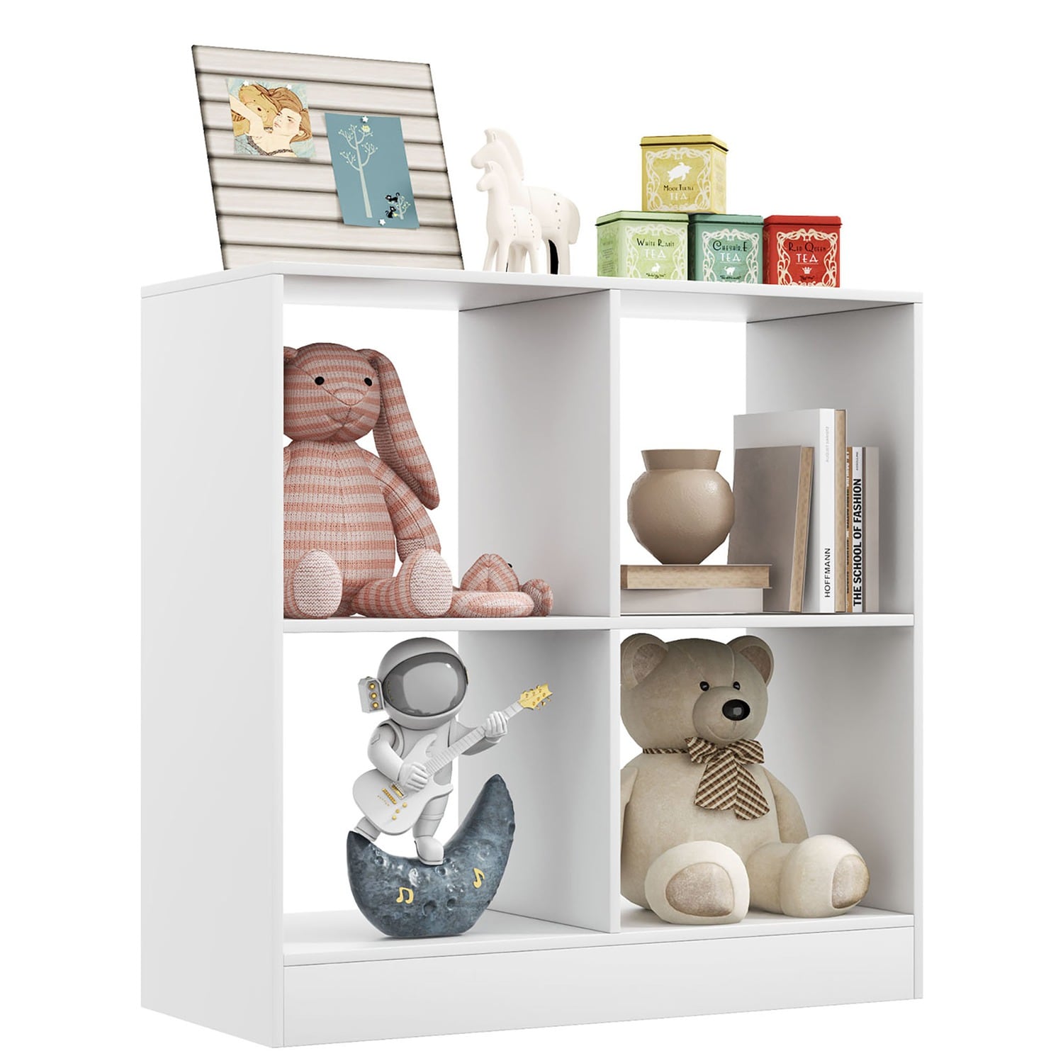 Costway CSHY000016 Kids Toy Storage Organizer 4-Cube Wooden Display Bookcase with Anti-toppling Device White