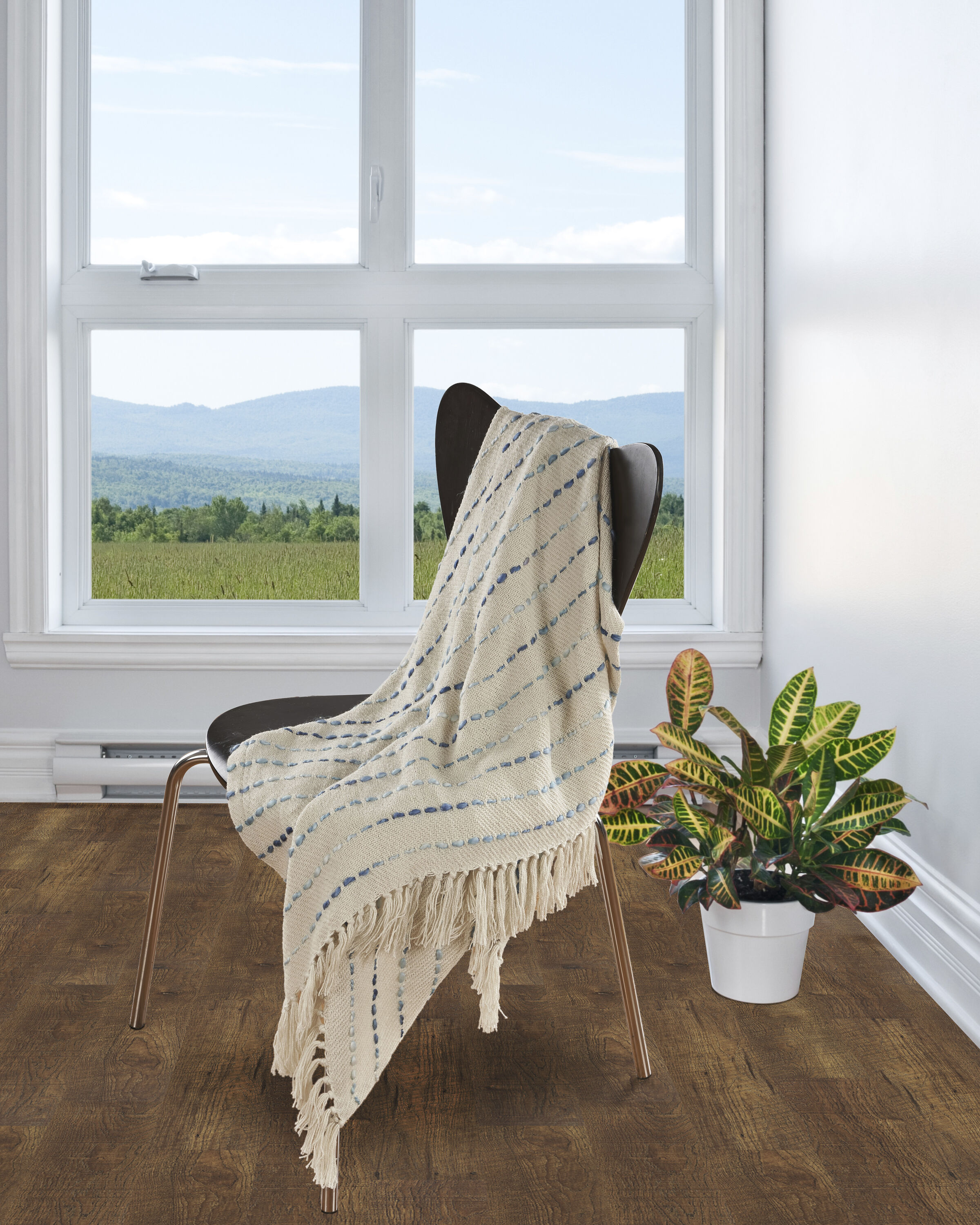 Cream and Blue Cotton Reversible Throw Blanket, 50" x 60"